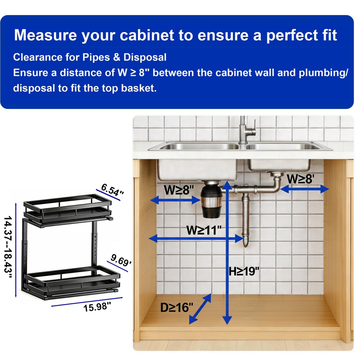 Under Sink Organizer, Dual-Rail Ball-Bearing, Under Kitchen Sink Organizer, 6-Level Adjustable, Under Cabinet Organizer, No-Drill Adhesive/Suction, Under Sink Storage (Black, Double Layer - 2 Pack)