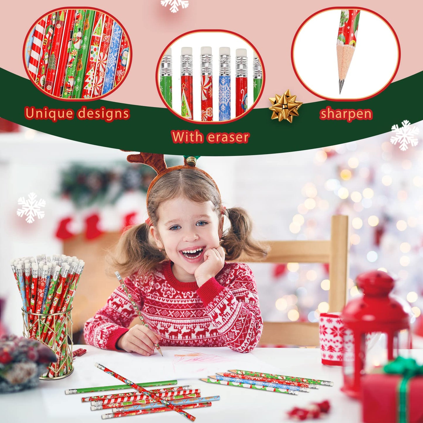 Yexiya 360 Pcs Christmas Pencils with Eraser Xmas Wood Pencils Snowman Santa Claus Christmas Tree Snowflakes Candy Assortment Xmas Stationery Pencil Office Party Favors