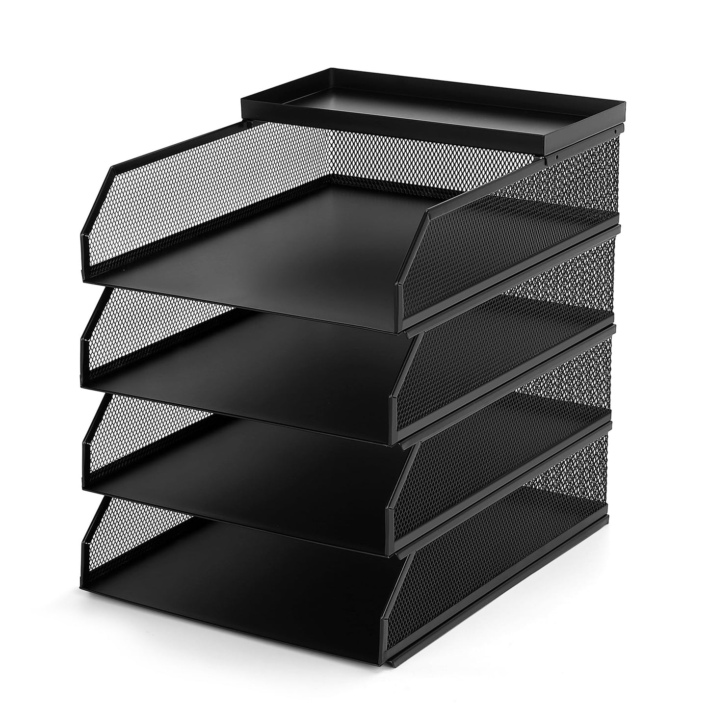 AZFUNN 4 Tier Paper Organizer for Desk, Stackable File Trays, Front-Load Metal Mesh Letter Tray & Stacking Supports Storage Organization for Office Home Classroom (Black)