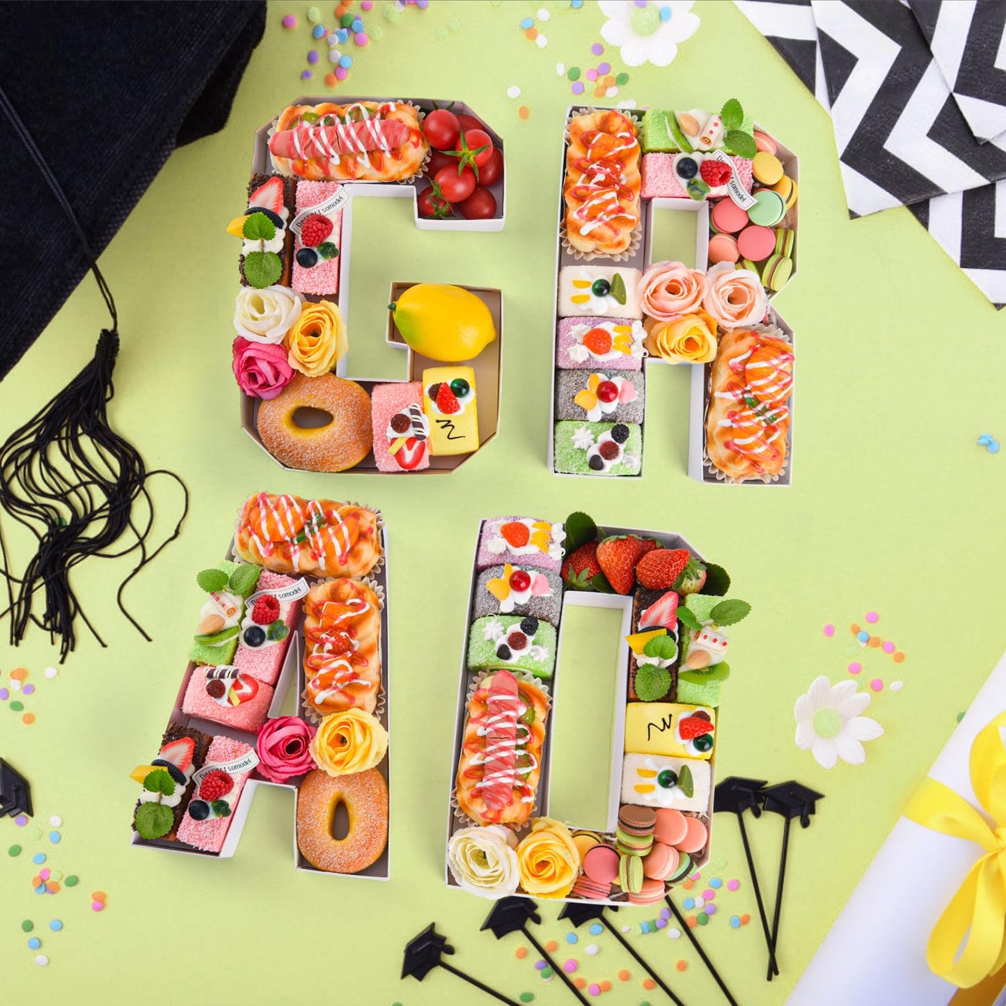 Datyiiha GRAD Set Cardboard Letter for Charcuterie 10.2'' Congrats Grad Fillable Tray Charcuterie Paper Box for Graduation Party Decorations Chocolate Candy Cupcake Container