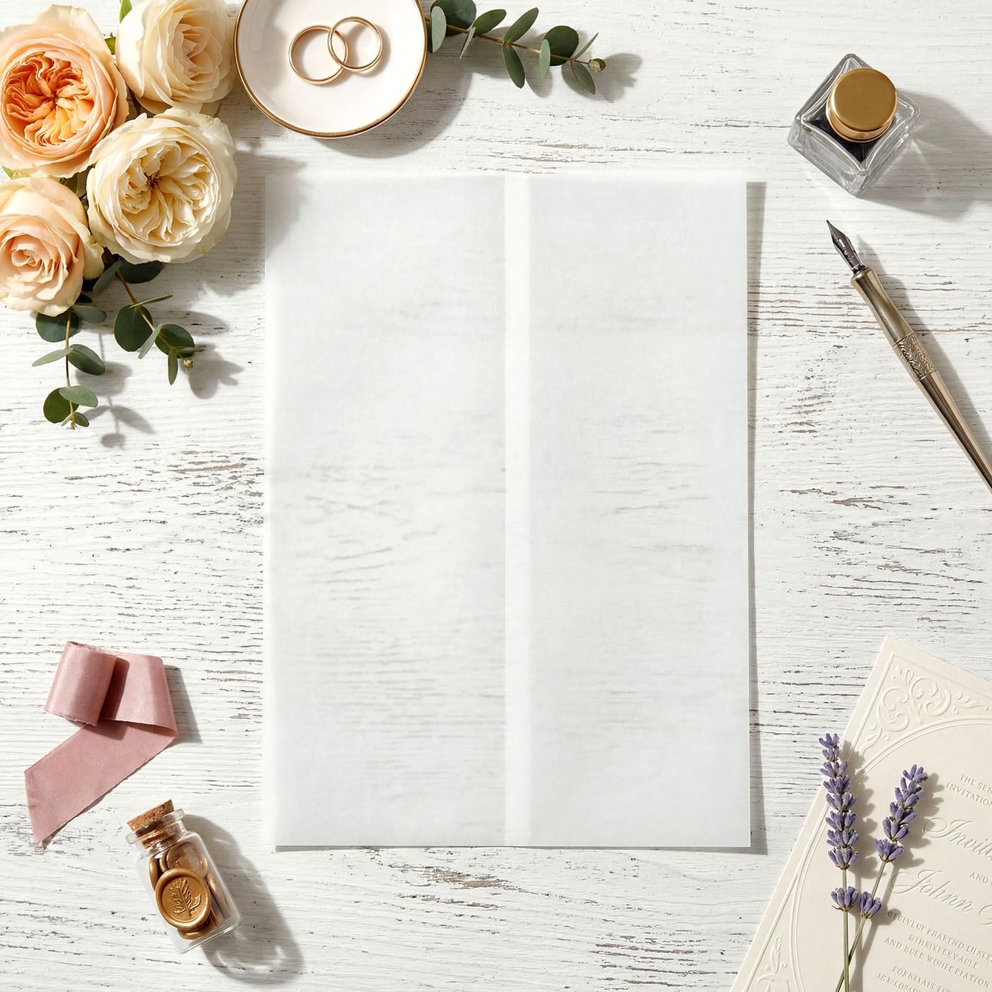 Faccito 100 Pcs Pre Folded Vellum Jackets for 5x7 Invitations Wedding Invitation Vellum Paper, Pearls Stickers, Ribbon, Tweezers, Envelope Tissue Paper Inserts for Wedding Birthday DIY Craft (Simple)