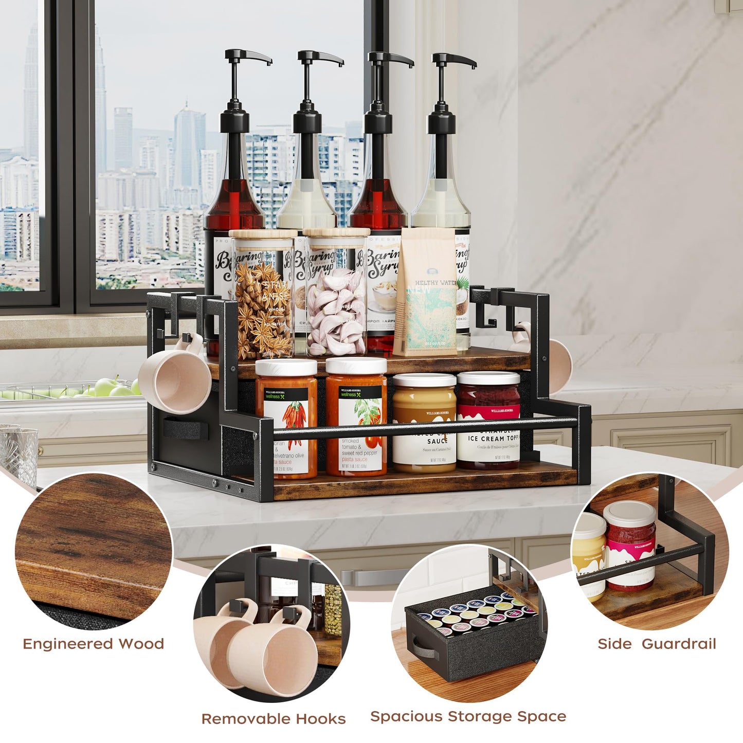 Coffee Syrup Organizer Rack, 2-Tier Coffee Bar Accessories, Bottle Holder Stand with K Cup Storage Drawer for Coffee bar, Wine Rack, Storage Shelves for Syrup. (Rustic Brown)