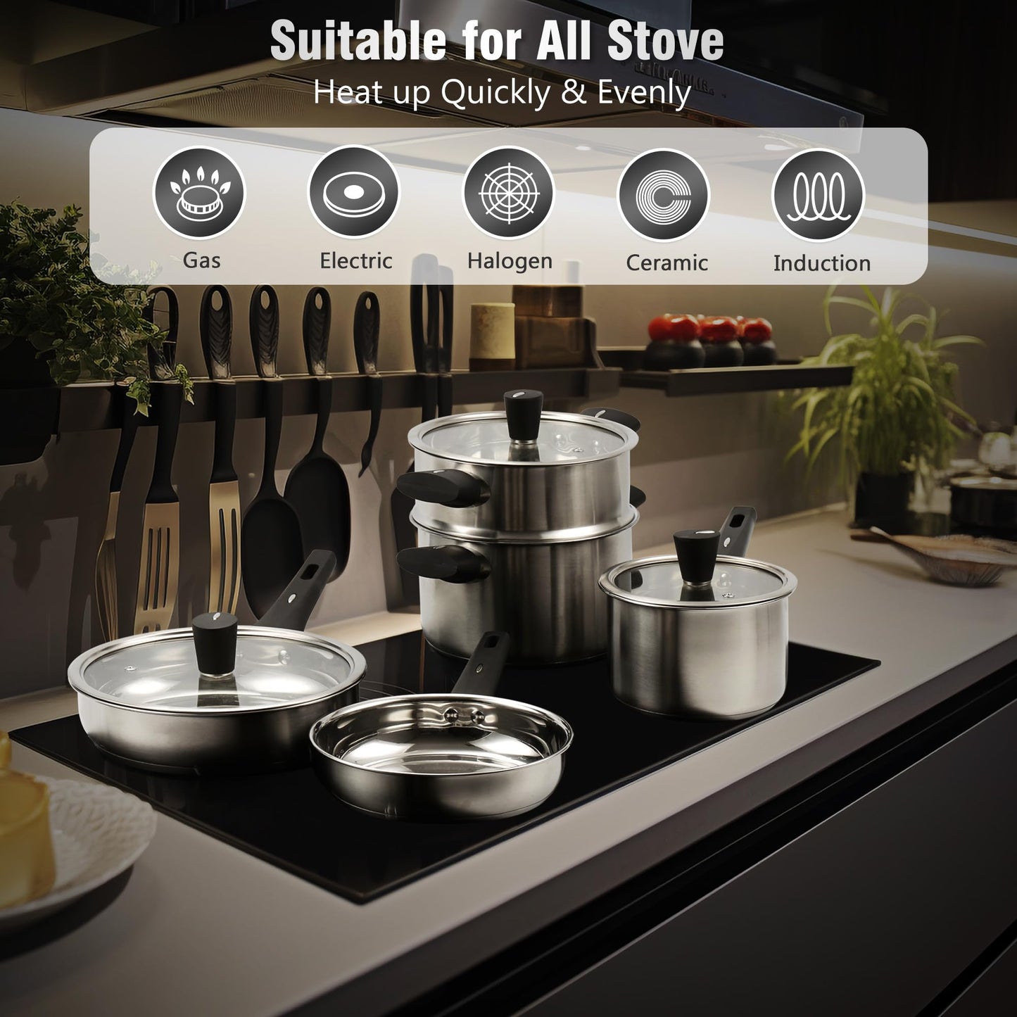 Meythway 14-Piece Stainless Steel Cookware Set for Induction Stovetops – Non-Toxic Pots & Pans with Stay-Cool Handles, Glass Lids, Steamer, Pot Mats & Utensils – Dishwasher Safe Kitchen Cookware