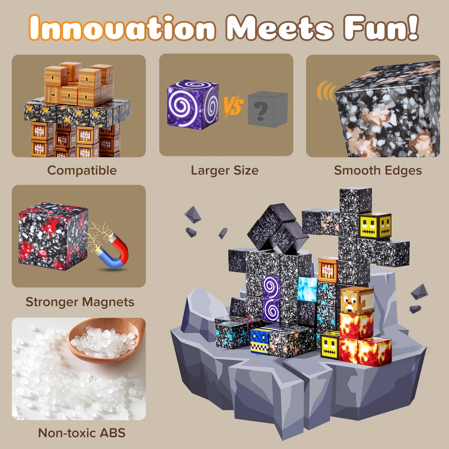 Magnetic Blocks, 150-Piece Magnetic Building Blocks, Volcano Theme 1-Inch Montessori STEM Stacking Magnet Blocks for Boys Girls Ages 3+, Educational Sensory Toys for Kids Christmas Birthday Gifts