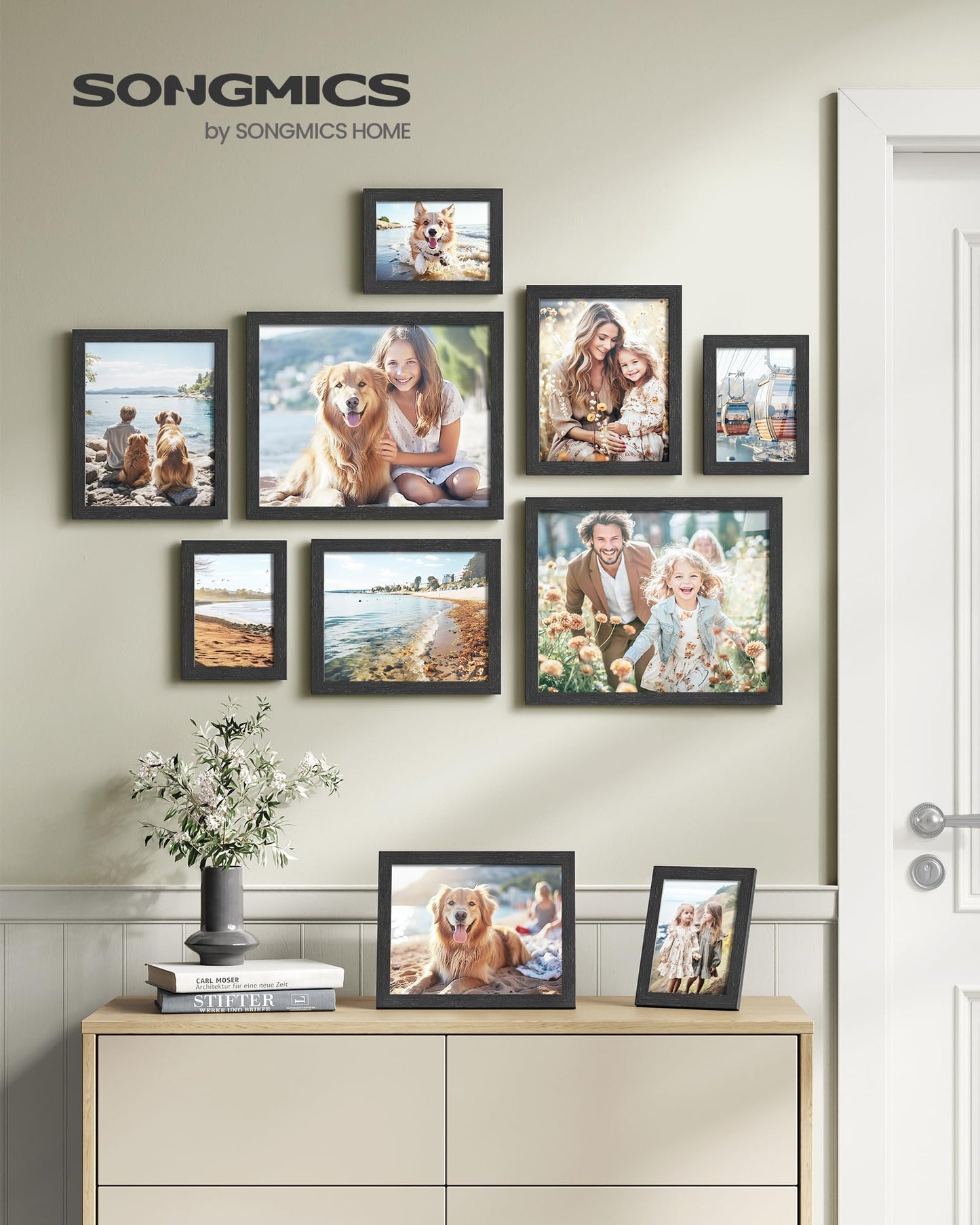 SONGMICS Picture Frames, Collage Picture Frames Set of 10, Two 11x14, Four 8x10, Four 5x7, Photo Frame for Wall Gallery Decor, Table Display, Glass, Ink Black URPF110B01