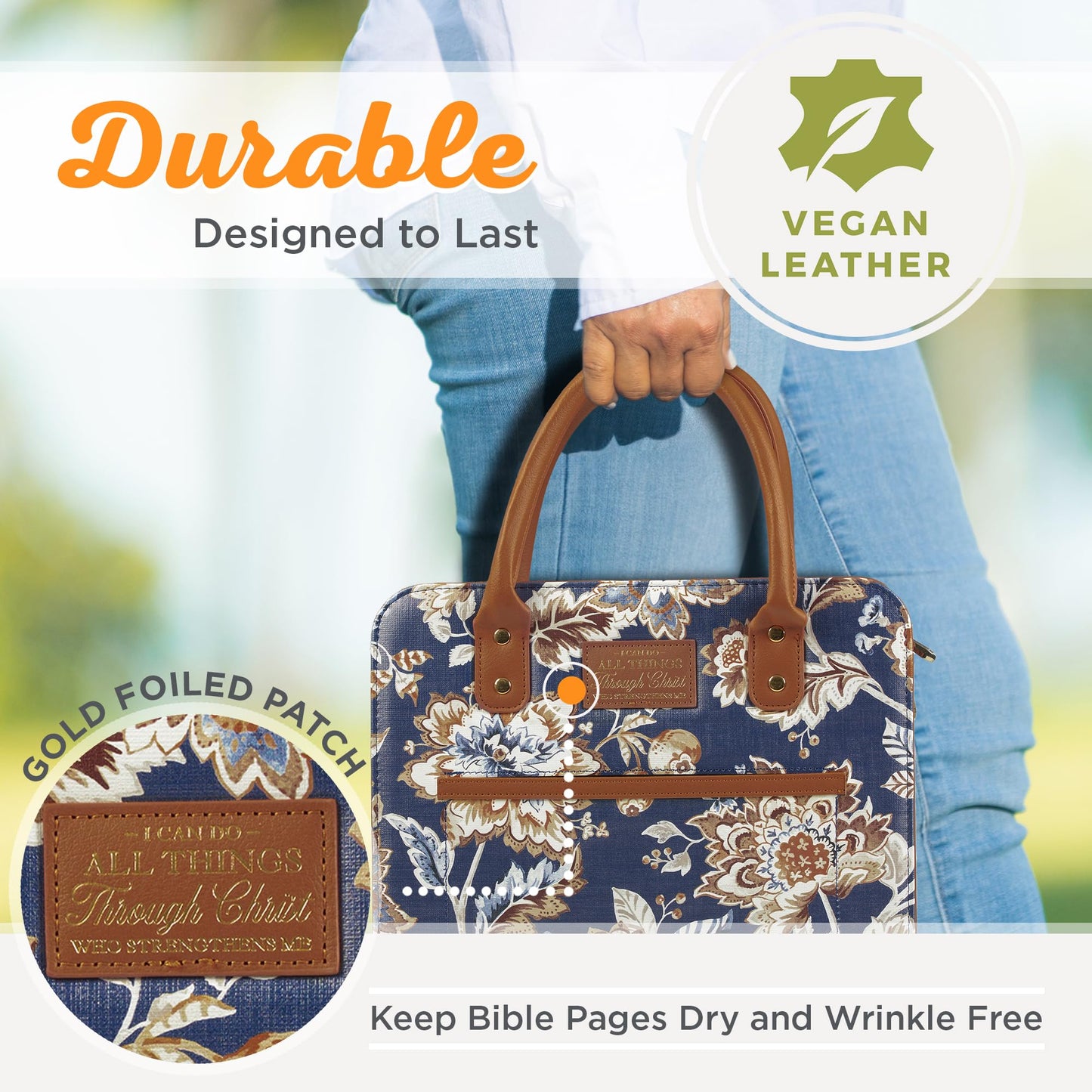 Christian Art Gifts Fashion Vegan Leather Purse Style Bible Cover Case for Women: All Things Through Christ Gold Inspirational Scripture, Pen Loops, Two Handles, Pockets, Navy & Brown Floral, XL