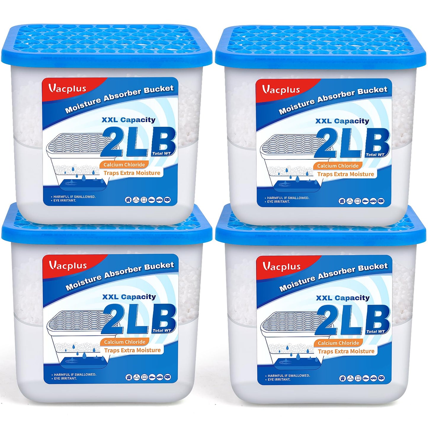 Vacplus 2LB Moisture Absorber Bucket - Large Capacity Moisture Absorber with Calcium Chloride Crystals, Effective Dehumidifier for Basement, Closet & Bathroom, 4 Packs