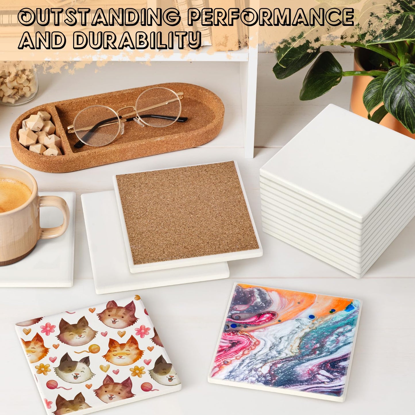 Ceramic Tiles for Crafts, GOH DODD 24 PCS Unglazed Blank Coasters with 24 PCS Cork Backings for Painting, Alcohol Ink, Acrylic Pouring, Decoupage, Arts, DIY Craft Gifts, Square, 4 Inch, White