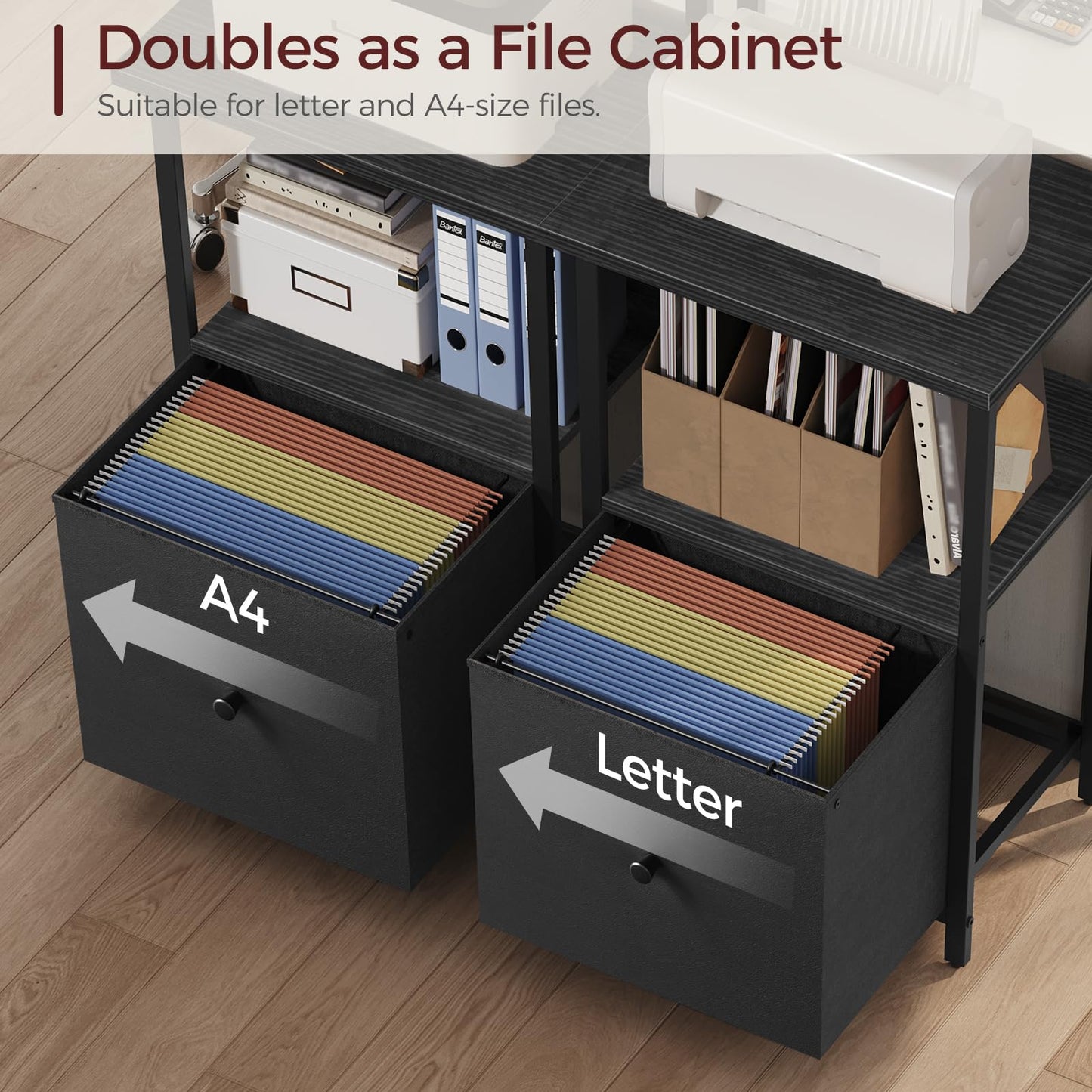 MAHANCRIS Printer Table with Storage, Home Printer Stand with File Cabinet, Fits A4/Letter Size Files, Printer Cabinet with Large Tabletop, Display Shelf, for Home Office, Black PTBK3501