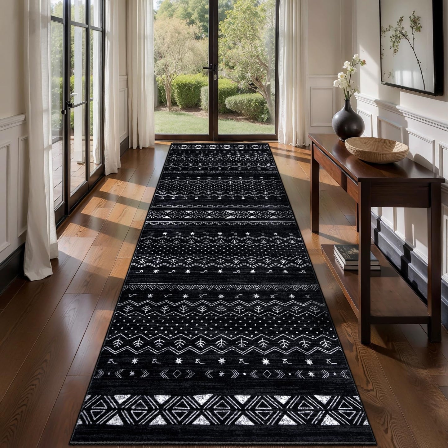 SERISSA Hallway Runner Rug, 2x10 Washable Non-Slip Black and White Runners for Hallways, Soft Low-Pile Boho Geometric Indoor Long Carpet for Kitchen Entryway Laundry Bedroom Bathroom