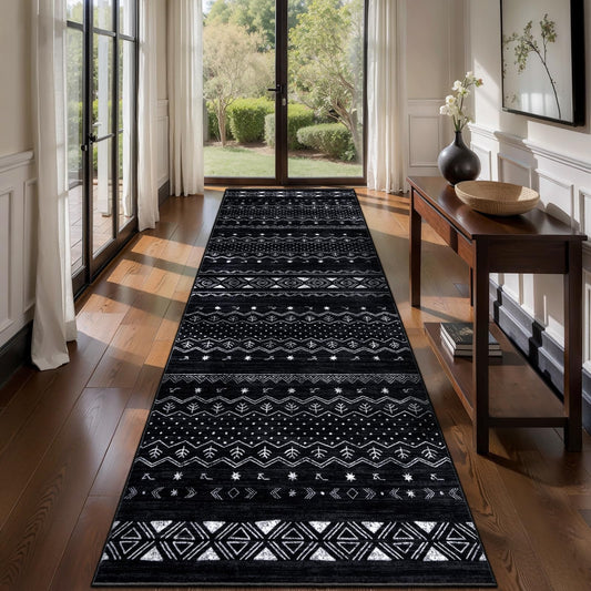 SERISSA Hallway Runner Rug, 2x10 Washable Non-Slip Black and White Runners for Hallways, Soft Low-Pile Boho Geometric Indoor Long Carpet for Kitchen Entryway Laundry Bedroom Bathroom