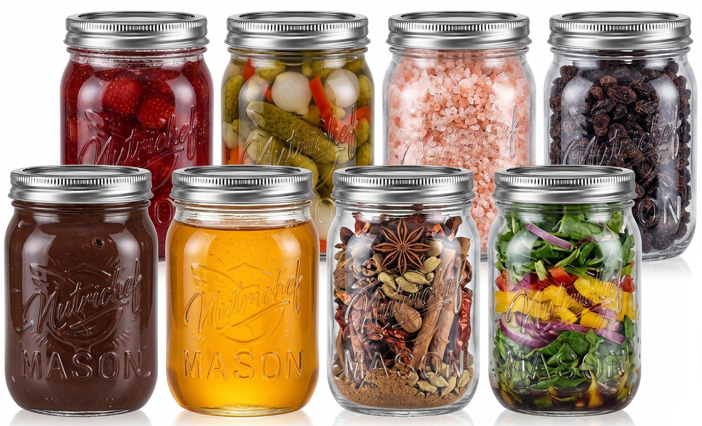 NutriChef 8-Pack 16 oz Mason Jars with Lids - Thick Glass Canning Jars with Stainless Steel Lids - Ideal for DIY Spices, Meal Prep, Overnight Oats, Jelly, Jam, Honey, Candles, Crafts, & More