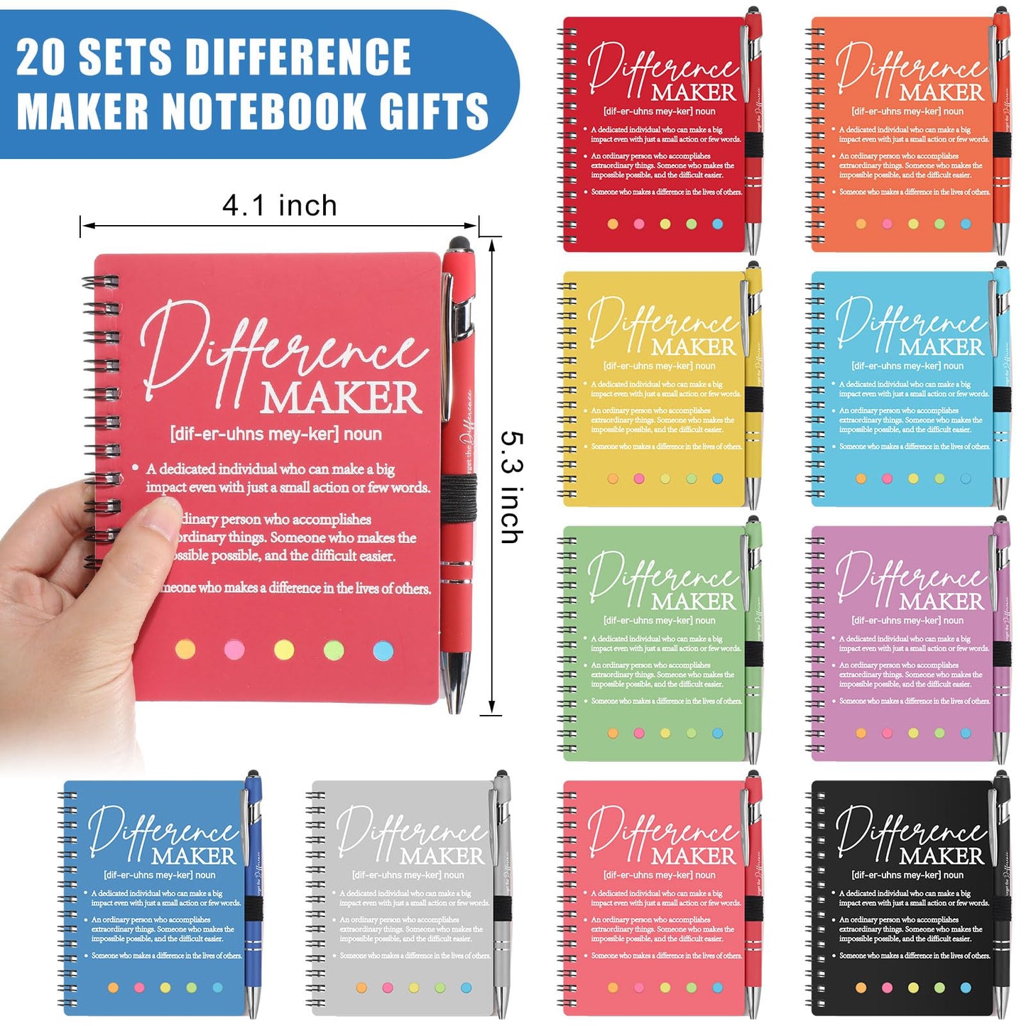 Skyygemm 20 Sets Difference Maker Gifts Bulk Employee Appreciation Gifts Spiral Notebook Journal with Sticky Notepad Index Tabs Thank You Gifts with Ballpoint Pens for Coworker Teacher (Multicolor)