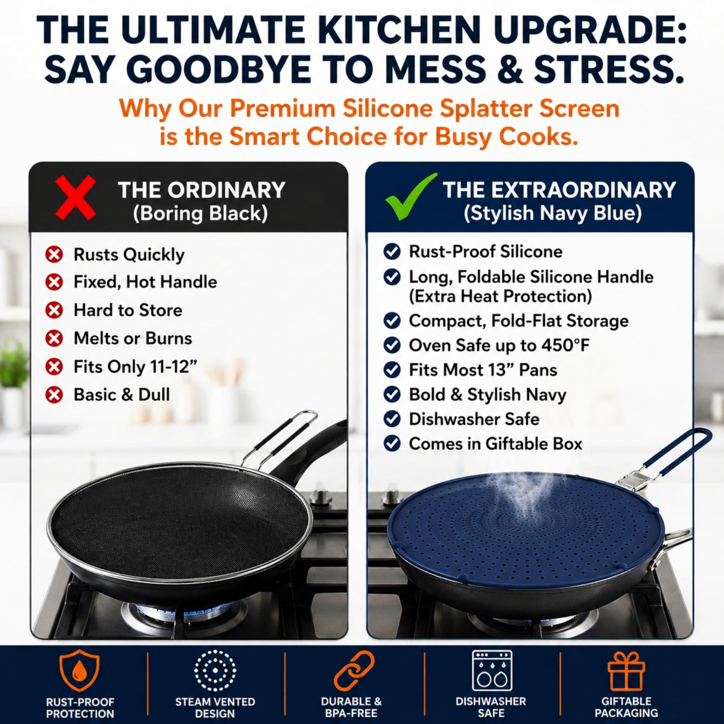 Silicone Splatter Screen for Frying Pan, 13” Navy – Grease & Oil Splatter Guard, Heat Resistant, Dishwasher Safe, Foldable Handle with Sleeves – Splash Guard Fits 10–12” Pans, Most 13” Skillets