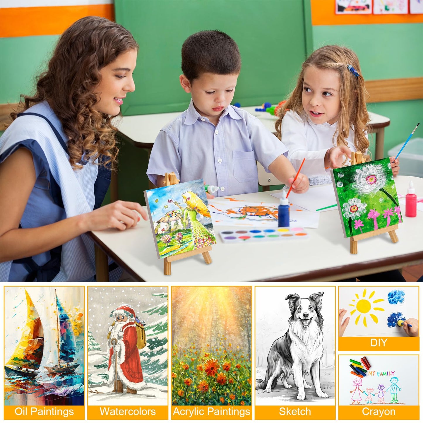 Mimorou 32 Pack Mini Canvas with Easel Sets for Painting Small Art Stretched Canvas Panels Pack with Sturdy Wood Display Easel for Kids Classroom Crafts End of The Year Gifts (6 x 6 Inch)