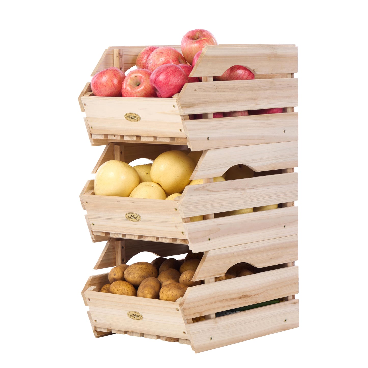 HABAU Wood Potato Onion Storage Bins - Wooden Stackable Produce Basket - Fruit Vegetable Storage for Kitchen Pantry Organization, Set 3 Pieces