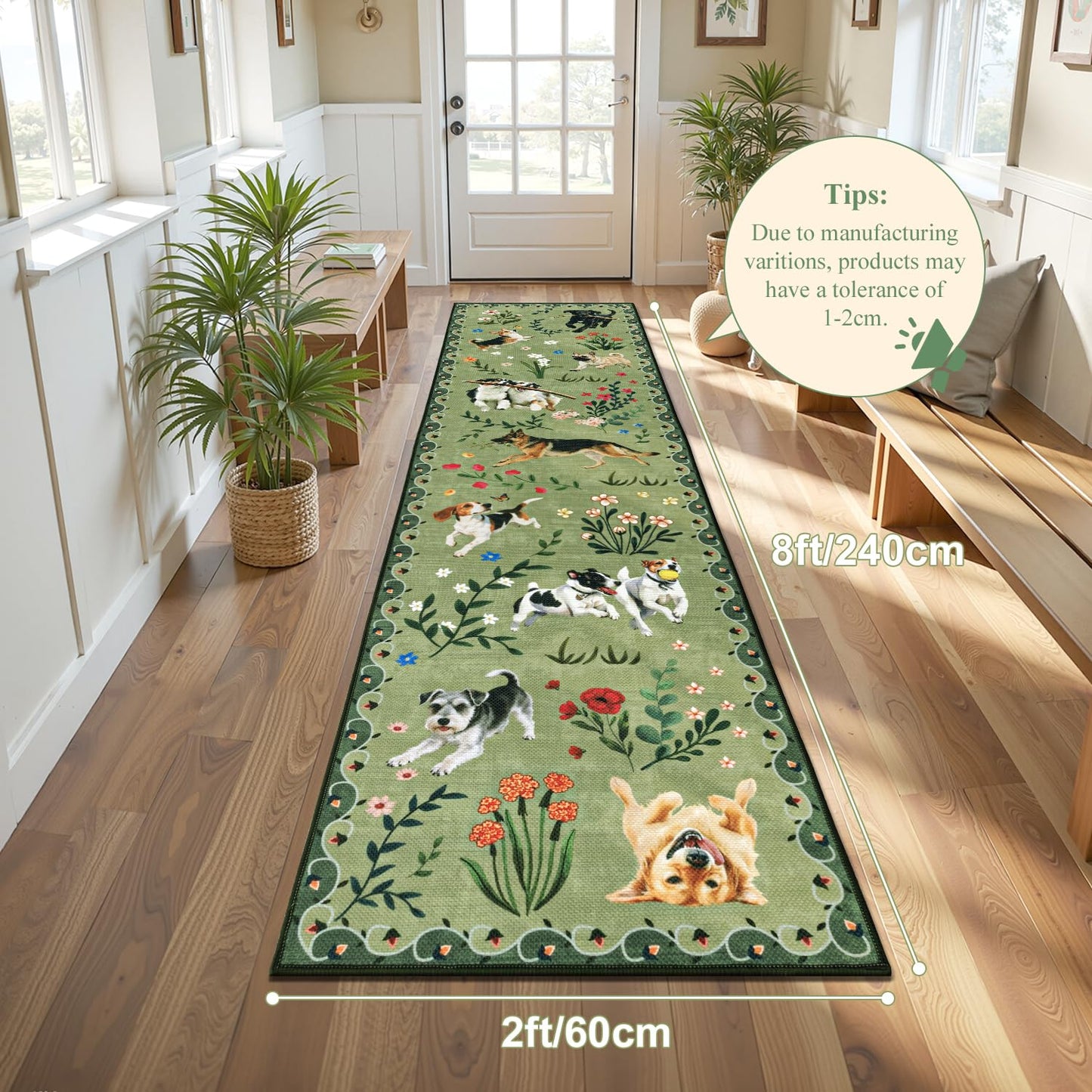 LOKHOM Hallway Runner Rug 2x8 Washable Animal Dog Print Linen Kitchen Rug with Rubber Backing, Non Slip Low Pile Soft Boho Floral Carpet for Entrance Laundry Bedroom, Green