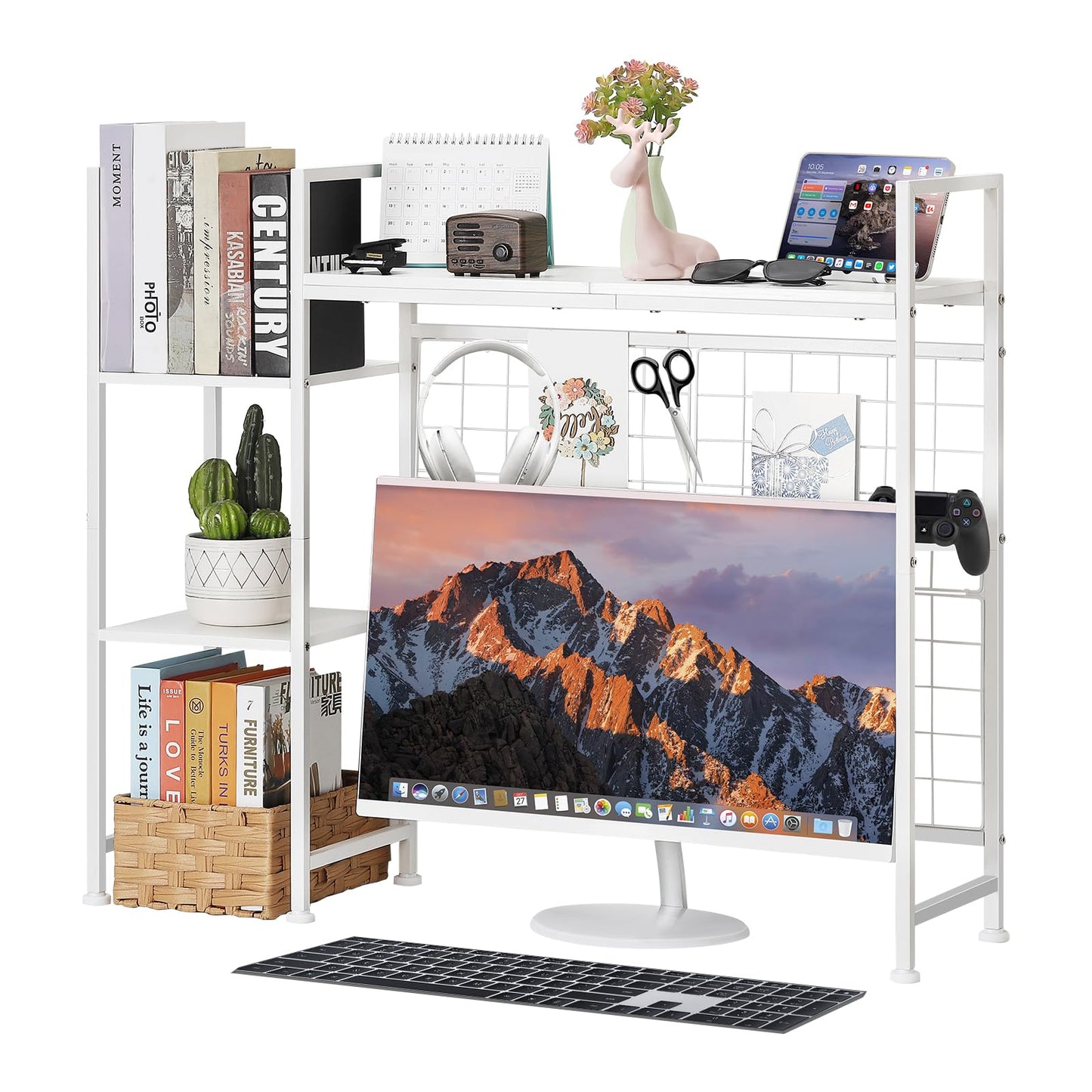 YBING Desk Shelf, 37.4" Desktop Organizer Shelf, Desk Hutch for Computer Monitor, Display Bookcase Rack with Grid Panel, Wood Desktop Bookshelf for Home Office, White