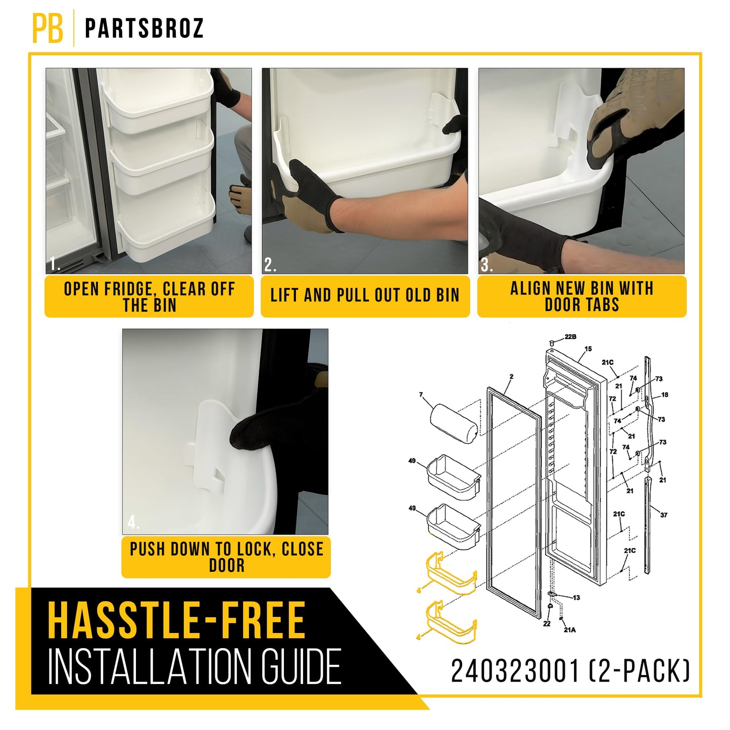 PartsBroz 240323001 Refrigerator Door Bin Shelf (2-Pack) for Frigidaire FFHS2611LBRA FFHS2611PFEA FFHS2622MBQA FFHS2611LB4 FFHS2611LBPA FFHS2612LS1 FFHS2612LS4 FFHS2622MSF FFHS2622MSR FFHS2622MSS