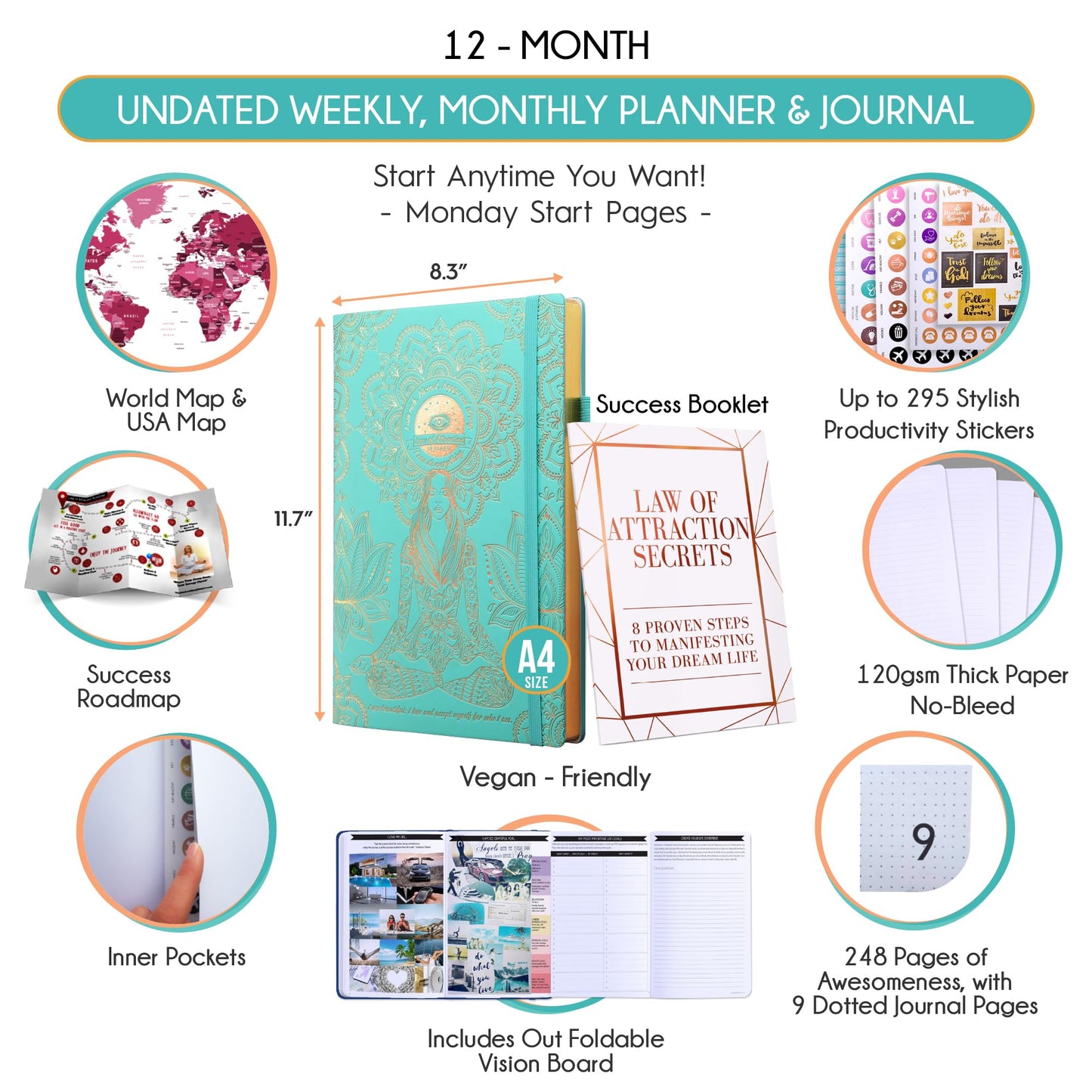 Life Planner - Undated Weekly & Monthly Planner, 12-Month Journey to Increase Productivity | Gratitude Journal, Life Organizer & Goal Journal | Include Foldable Vision Board, Habit Tracker & Stickers