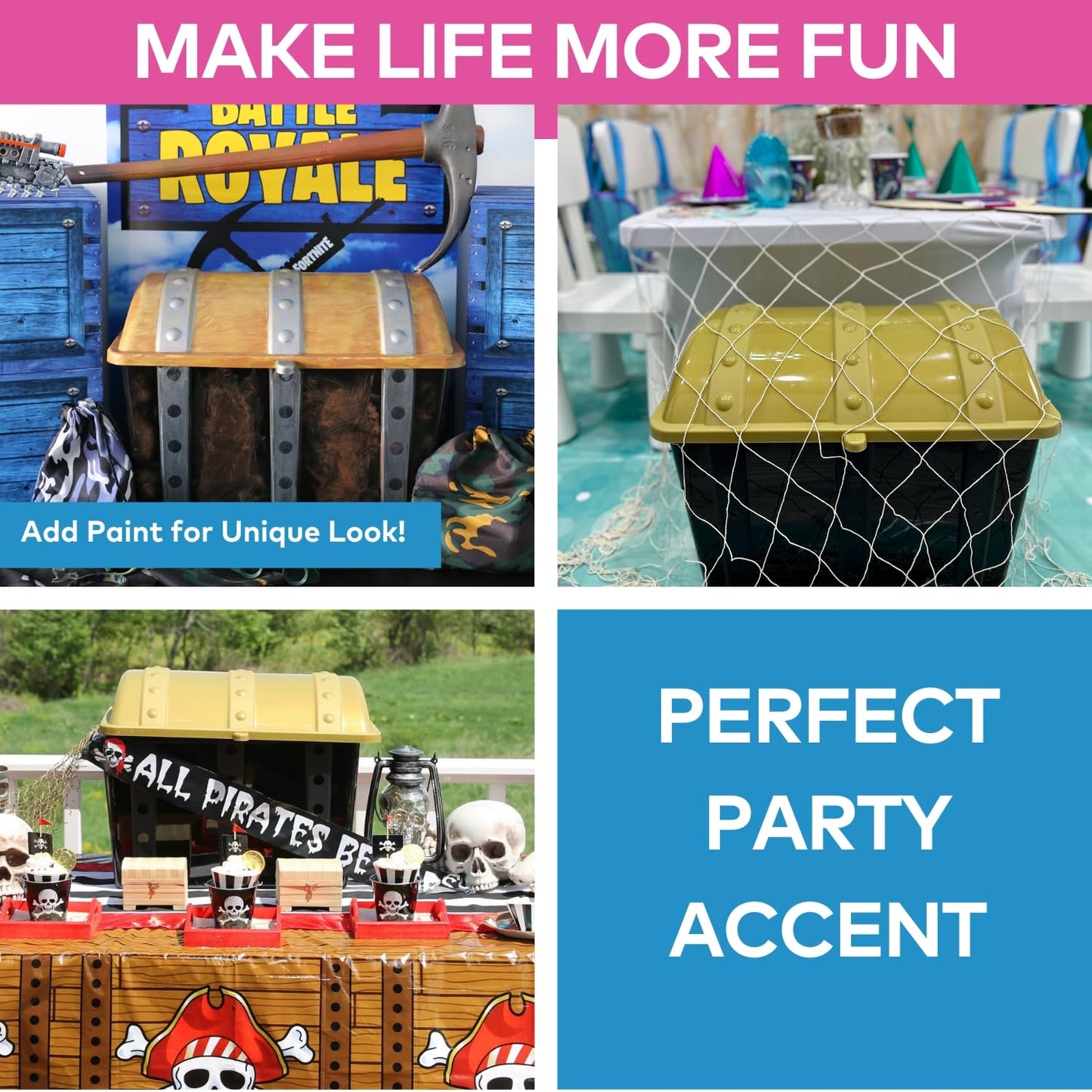 Fun Express Large Plastic Toy Treasure Chest - Premium Classroom Storage Prize Box for Teachers | Pirate-Themed Reward Container with Secure Lid | Black & Gold Design | 19" x 11.5" x 11" Capacity