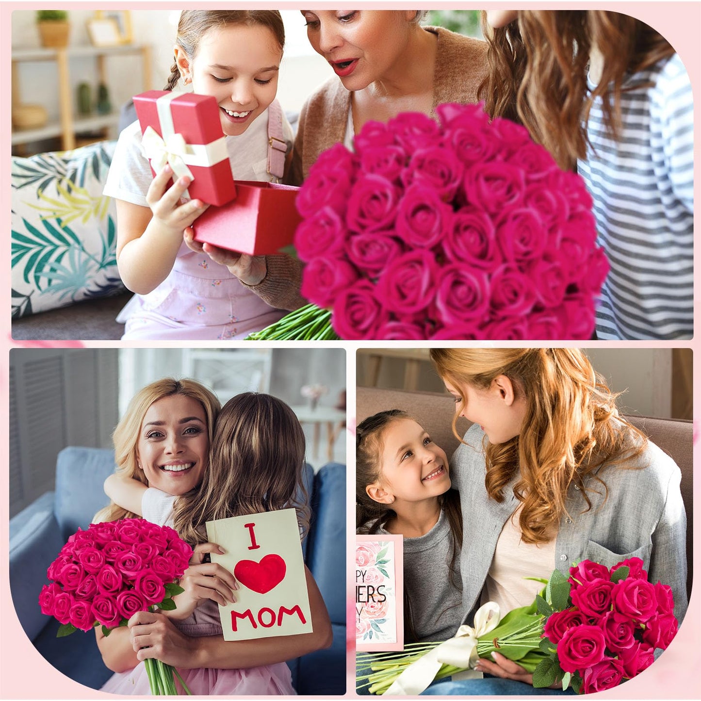 Ovveroche 80 Pcs Roses Artificial Flowers, Silk Hot Pink Artificial Flowers Petals Long Stem Roses for Wedding Bouquet Home Party Decor
