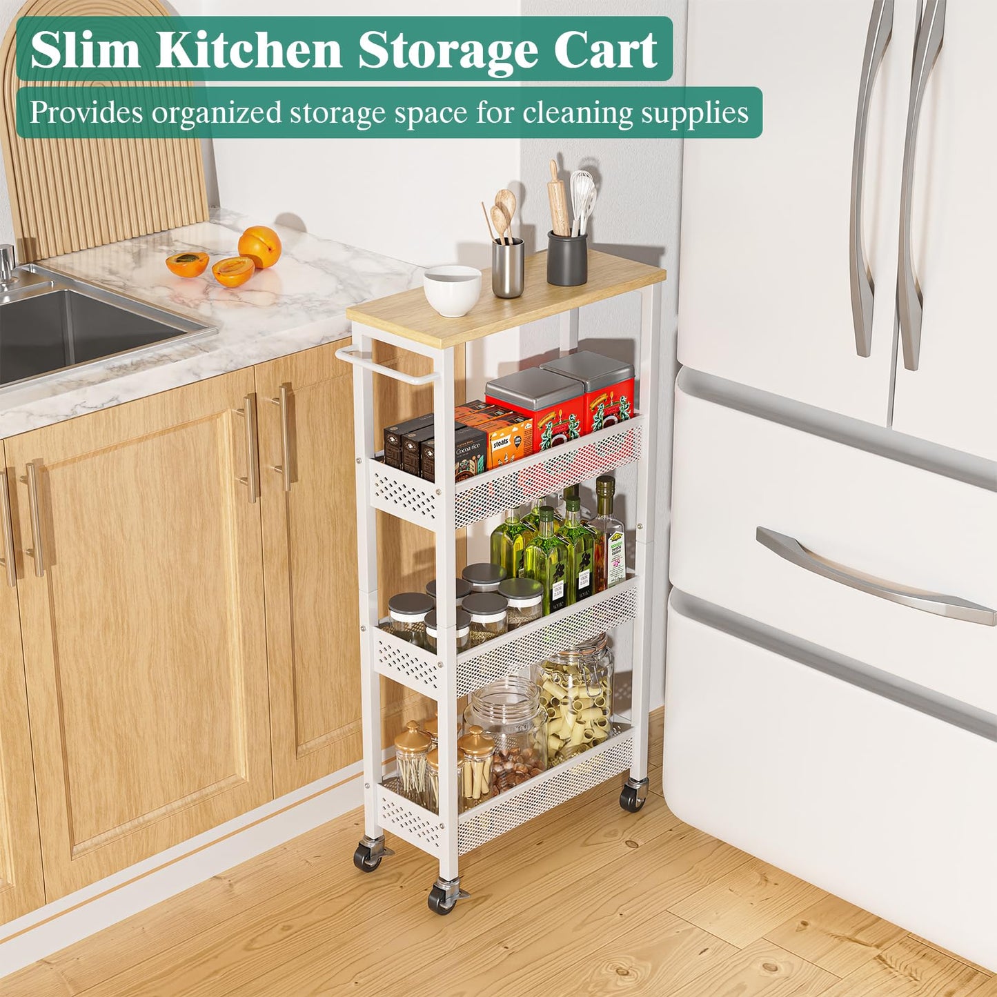 Giwil Slim Rolling Storage Cart 4 Tier Bathroom Organizer Mobile Shelving Unit Utility Cart with Wood Top and Handle for Kitchen Laundry Narrow Places, White