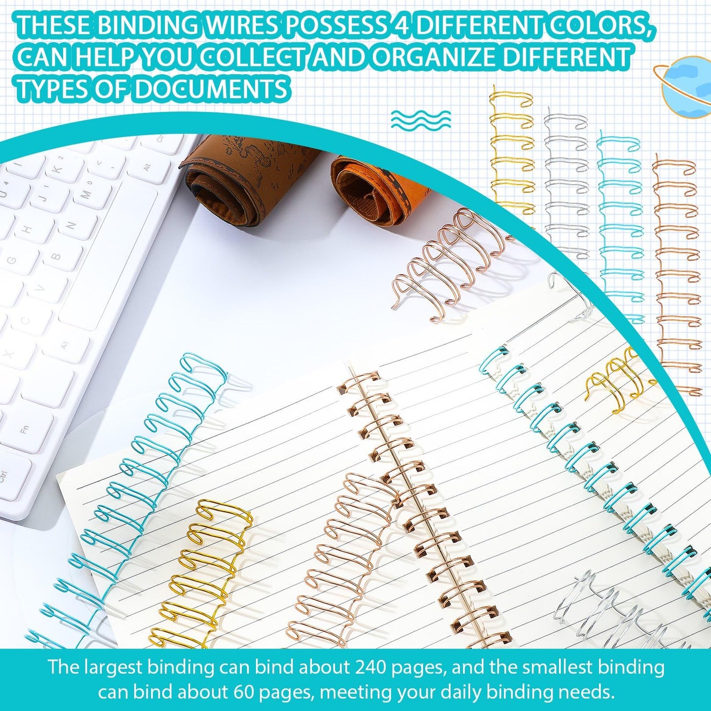 Jeyiour 120 Pcs Twin Loop Cinch Wire Binding Spines Double Loop Wire Binding Rings Combs 7/16 1/2 9/16 5/8 3/4 Diameter Spiral Binding Coils for Teacher Student Notebook Making, 4 Colors