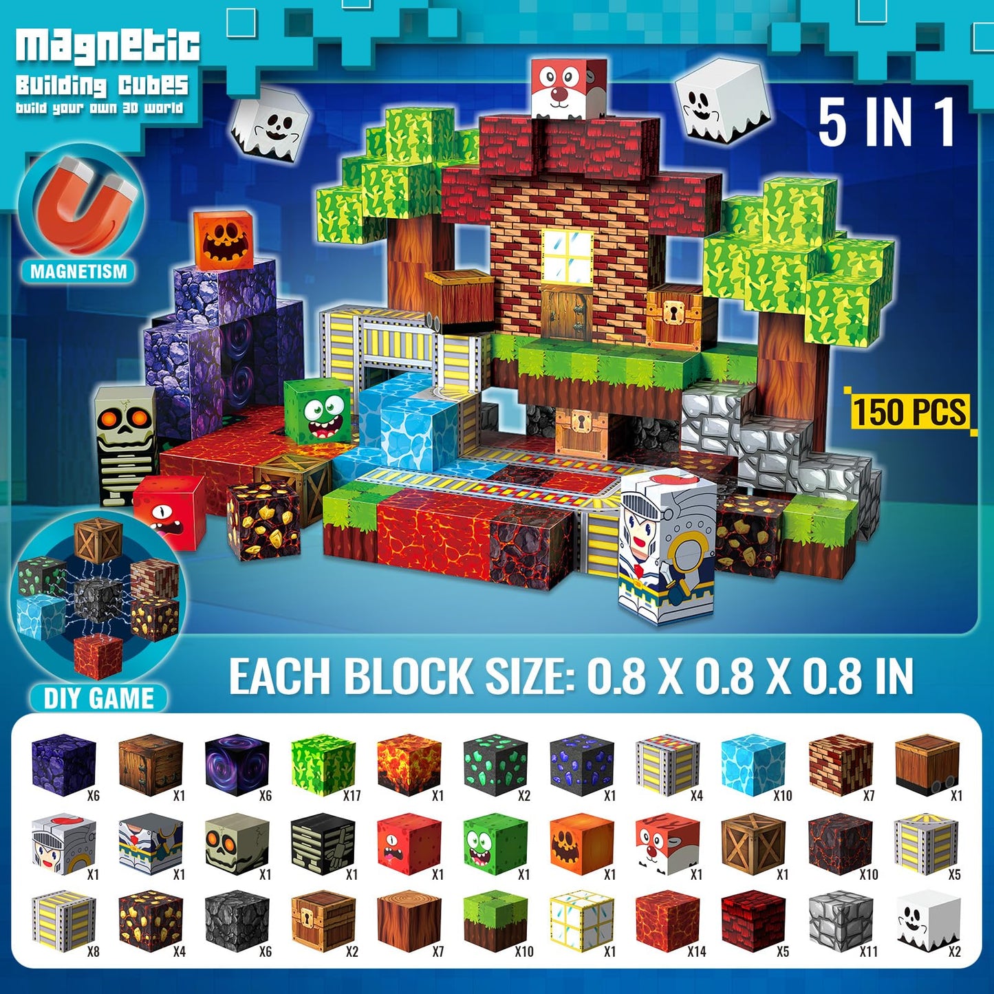 Magnetic Blocks, 150PCS Magnetic Building Blocks Cubes, STEM Magnet Blocks, Stacking Magnets Toy, Sensory Play Christmas Birthday Gifts for Boys and Girls Age 3+ Years Old