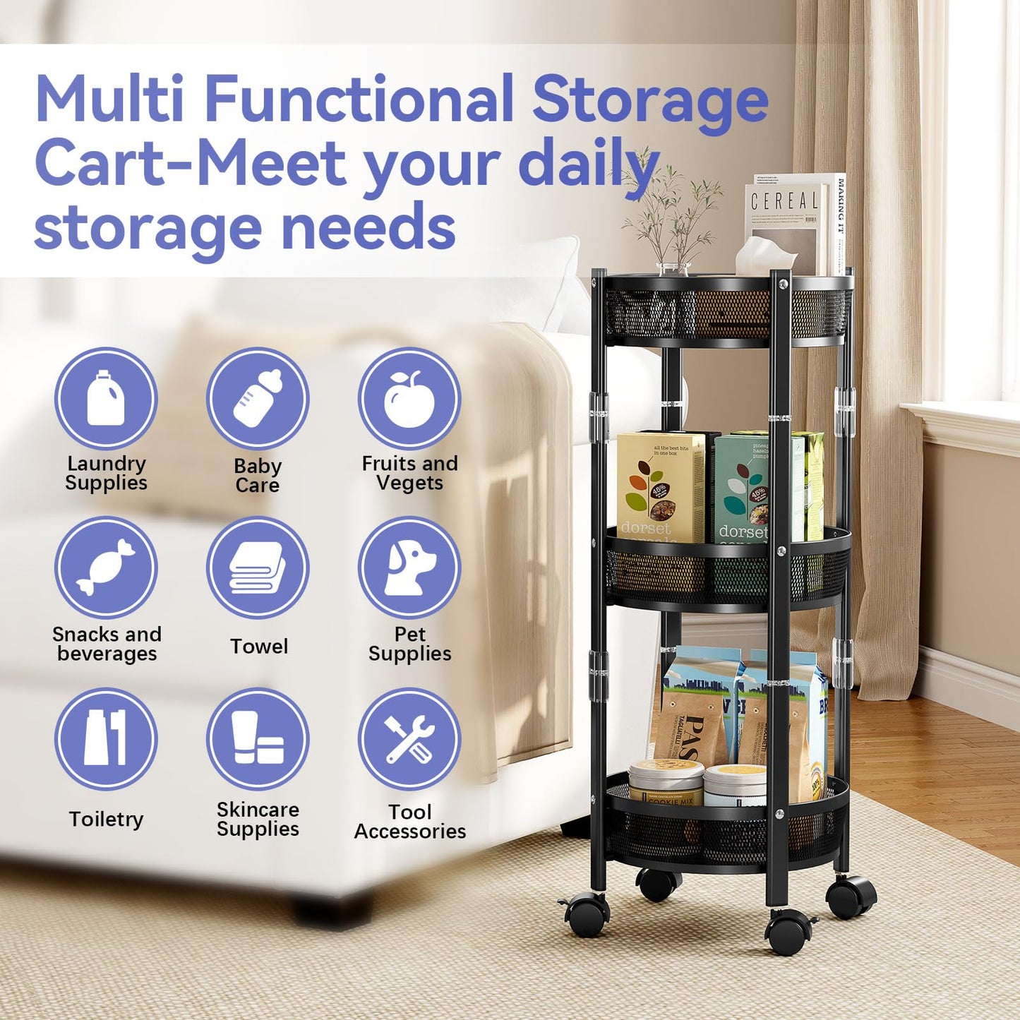 TOOLF 3-Tier Foldable Rolling Cart, Collapsible Metal Utility Cart with Wheels, Assembly-Free, Round Storage Organizer Trolley for Kitchen, Bathroom, Dorm, Nursery, Black