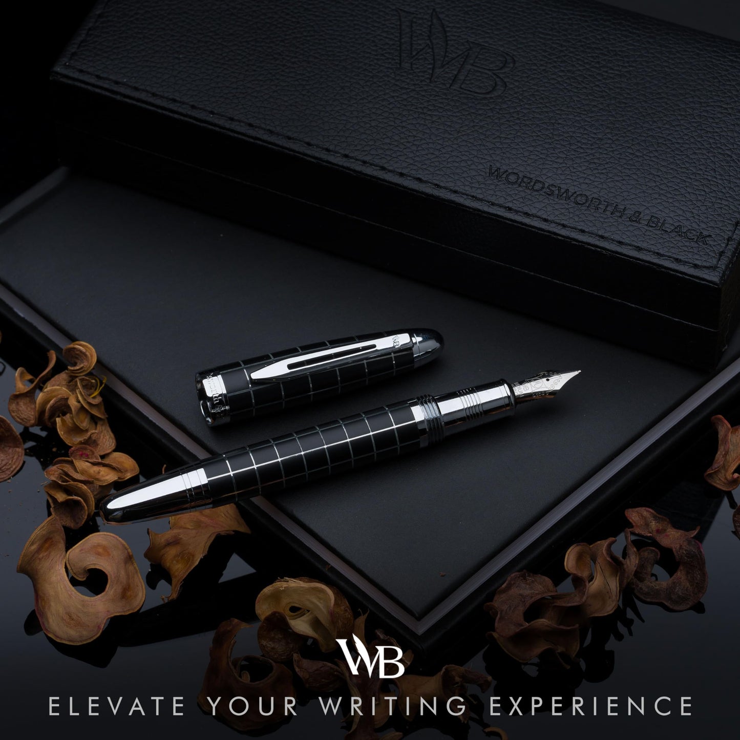 Wordsworth & Black Majesti Fountain Pen - (Checked), Luxury Case, Chrome Finish, Iridium Medium Nib - 24 Ink Cartridges, Refillable Ink Converter-Calligraphy Pen-Best Business Gift Set for Men & Women