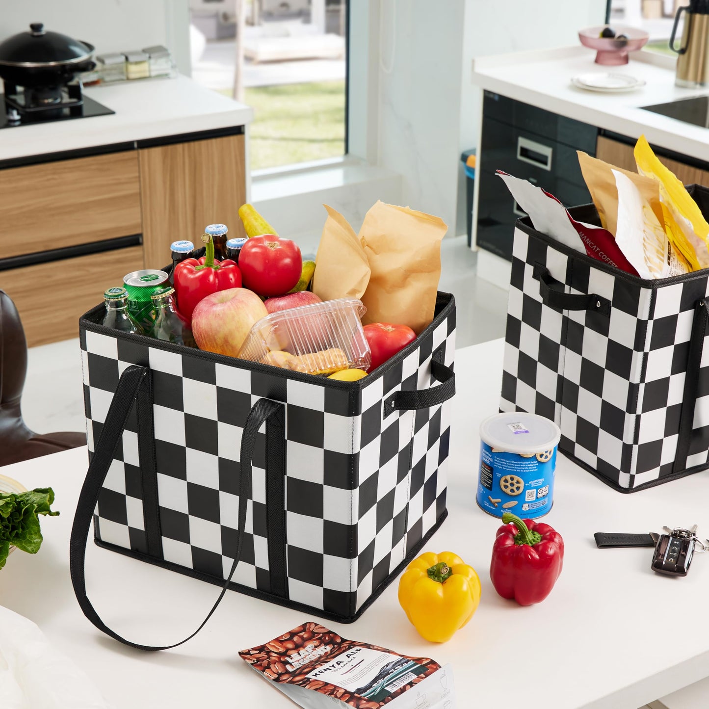 Ohocut Checkered Reusable Grocery Bags Heavy Duty Black and White Checkerboard 3 Pack Foldable Shopping Bags with Handles for Groceries Collapsible Tote