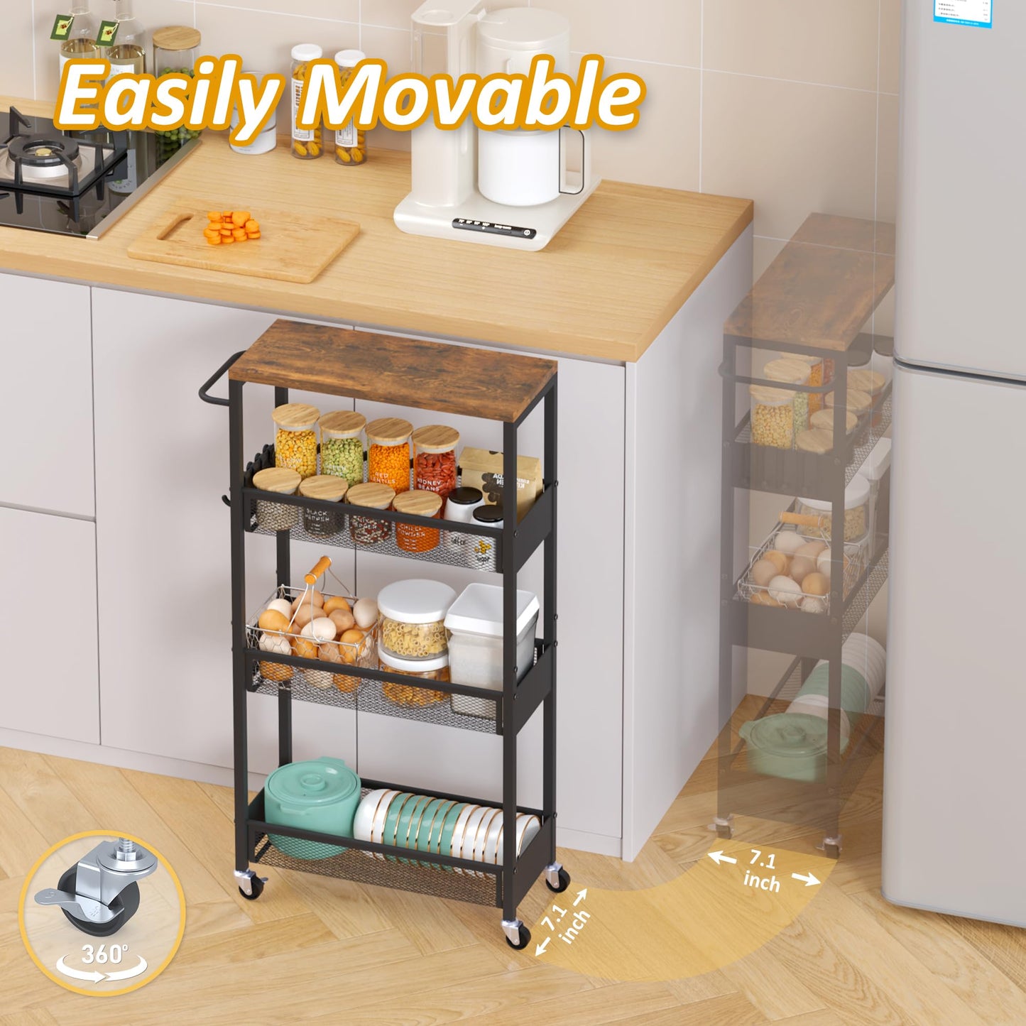 7.1" Wide Slim Rolling Utility Cart, 4 Tier Metal Narrow Storage Cart with Handle and Wood Top, Multifunctional Small Mobile Shelf Unit Organizer Trolley for Laundry, Bathroom, Kitchen