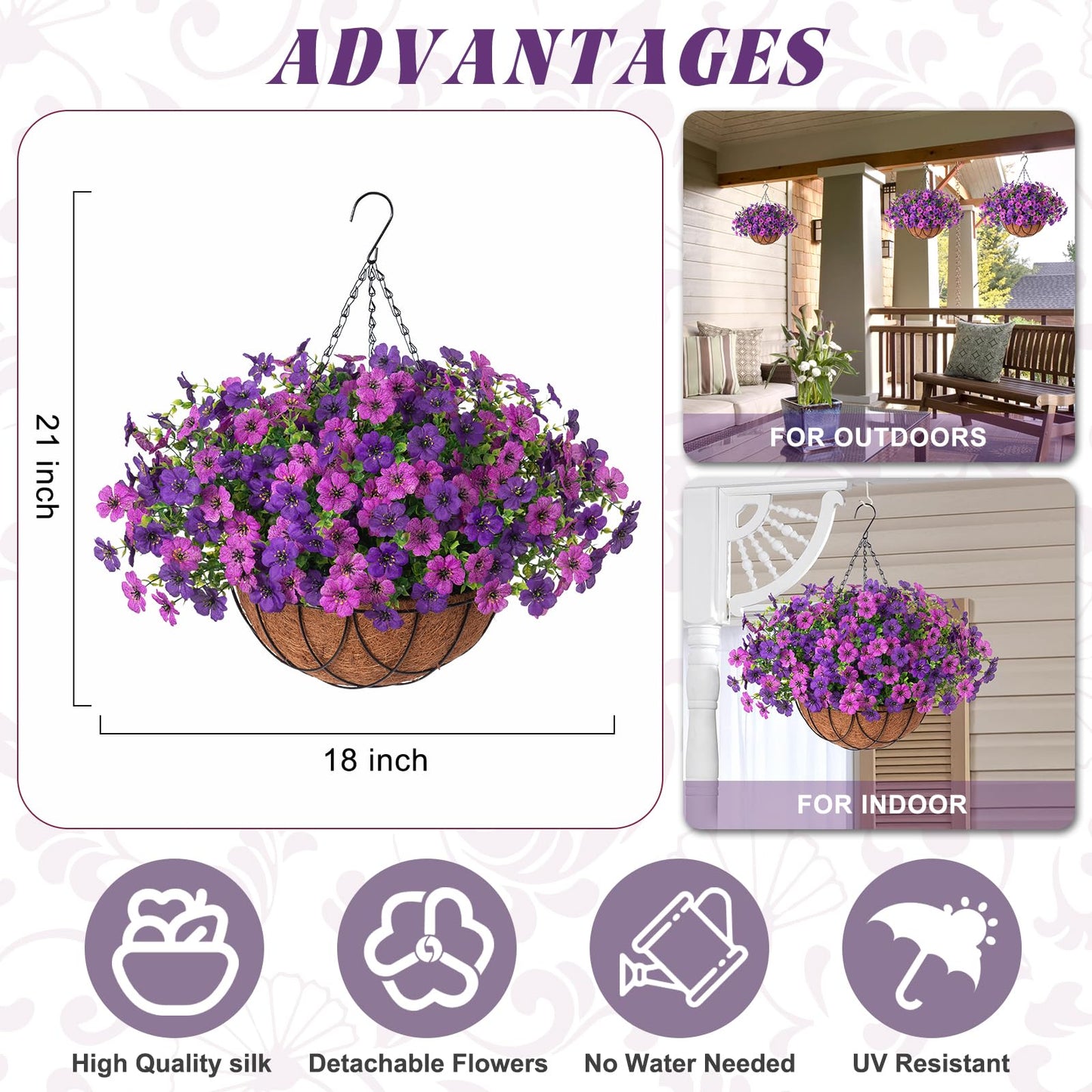 Artificial Silk Flowers Hanging Baskets Outdoors Indoors, Daisy with Eucalyptus Leaves Arrangement for Garden Yard Spring Summer Decor Faux Green Plant Metal Coconut Lining (Dark Purple Purple)