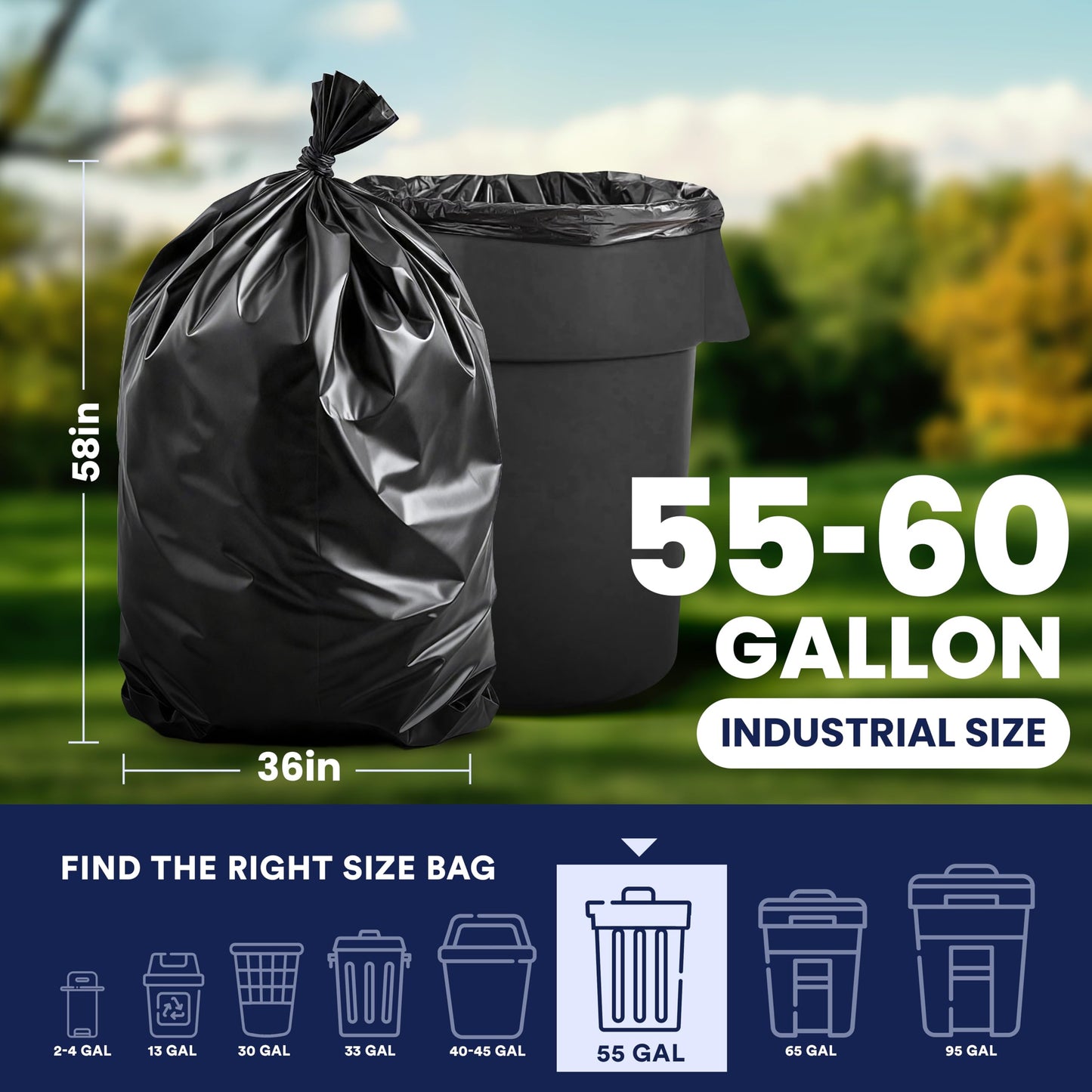 Plasticplace Contractor Garbage Bags: 55 Gallon Trash Bags Heavy Duty, Big Black Trash Bags, 36"x58", 6.0 Mil, Pack of 20