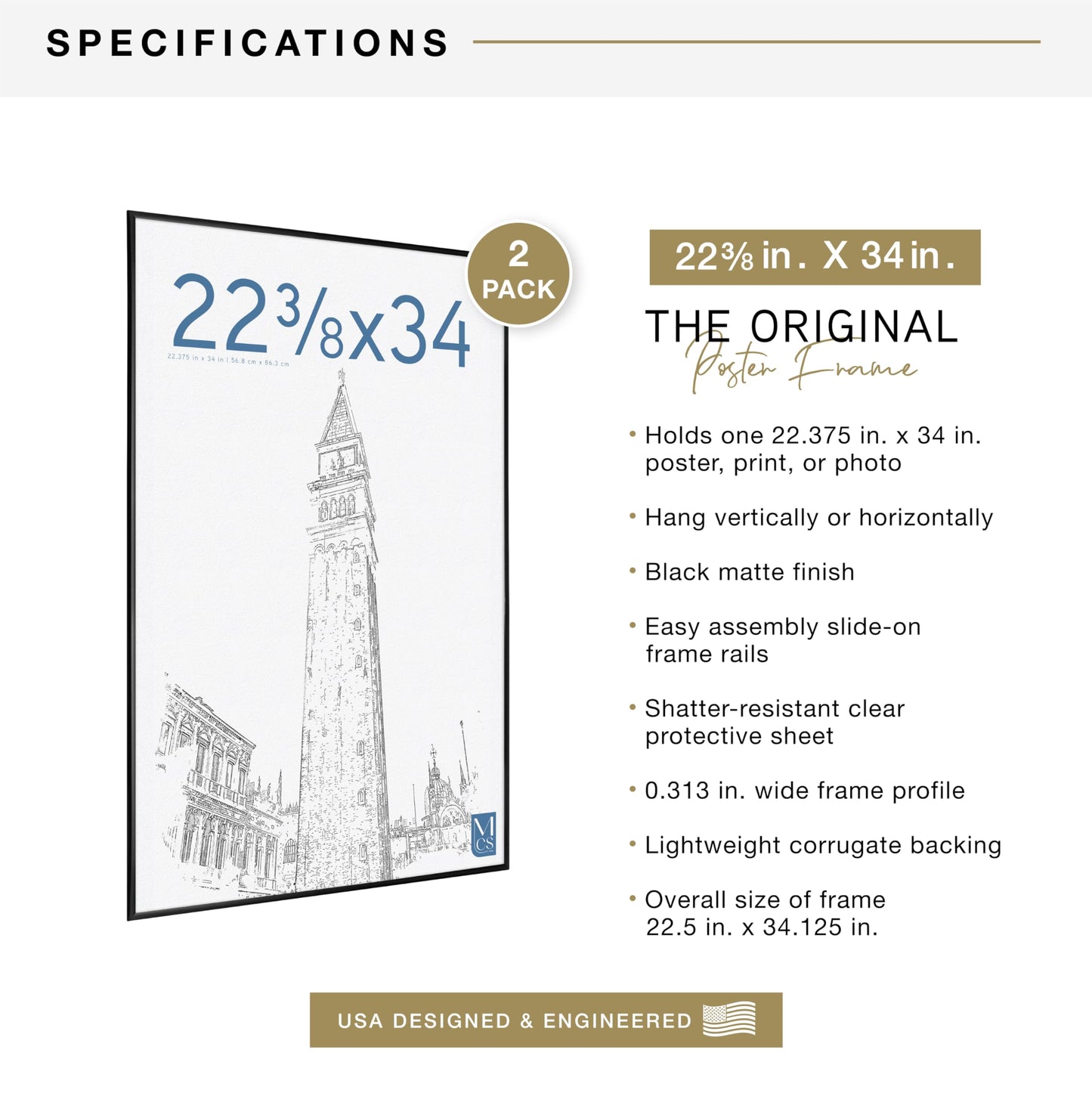MCS Original Poster Frame 22.375x34 Black Lightweight Vertical & Horizontal Wall Hanging Large Picture Frame for Posters, Art Prints & Gallery Wall (2-Pack)