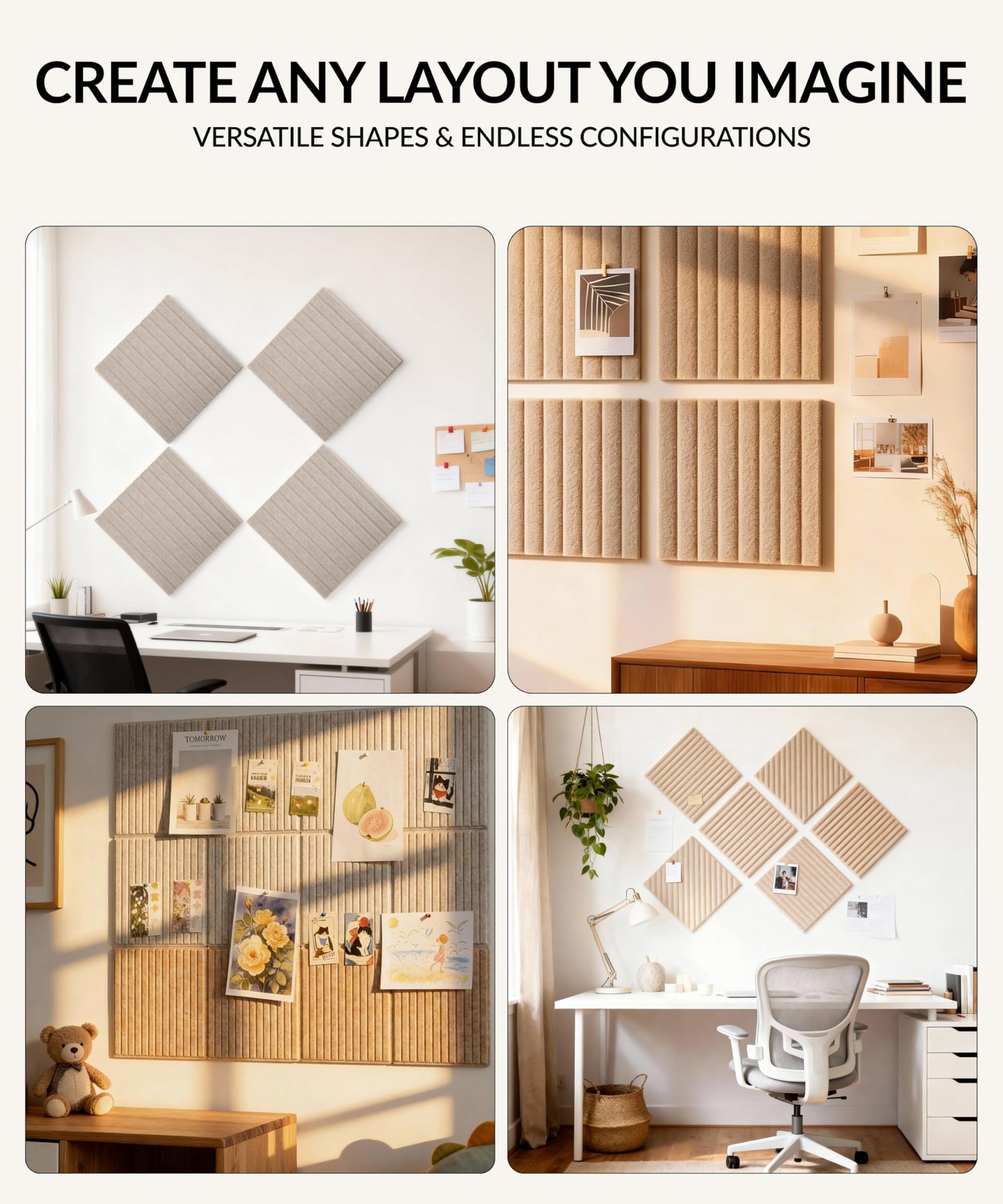 Large Cork Board Alternative 48" x 36" with Push PINS & Wall Safe Adhesive Tabs – Push pin Board for Walls in Home or Office, Felt Bulletin Board Tiles, Versatile Felt Board Layout, Beige