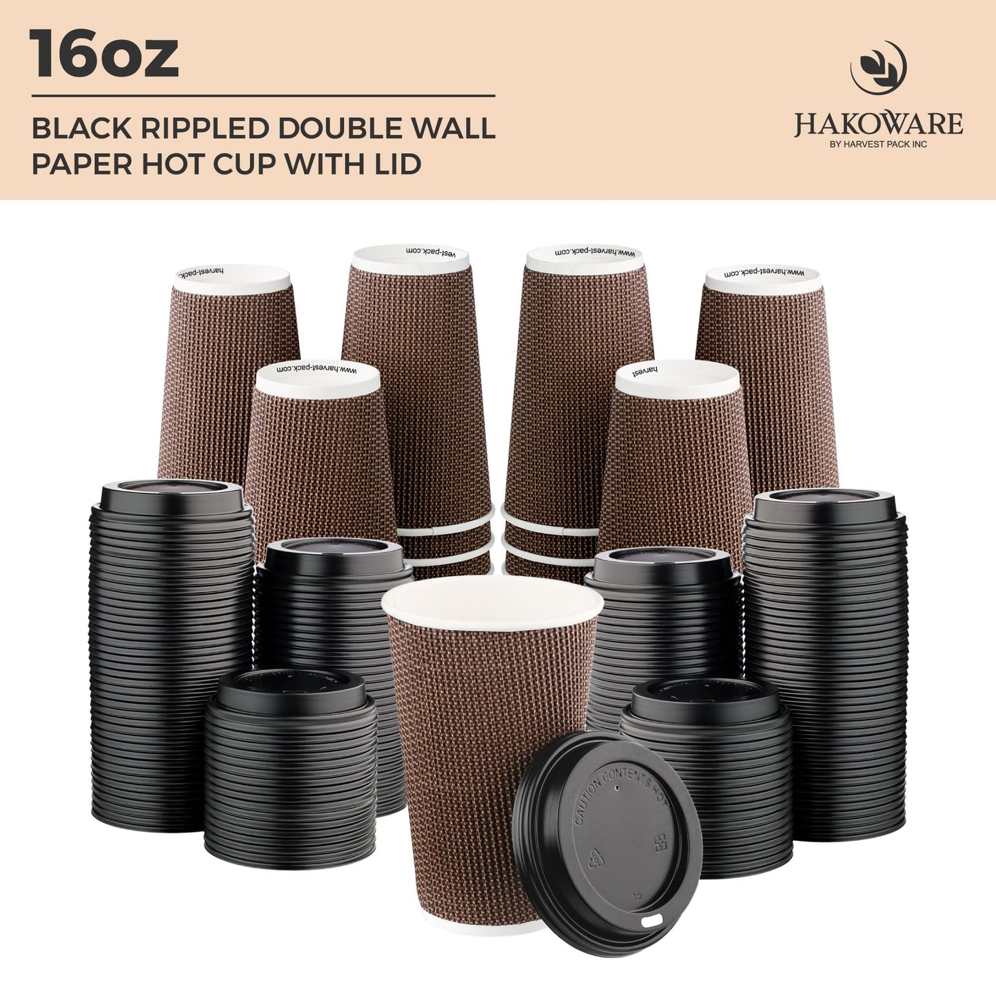 [85 SET]Harvest Pack 16 oz Disposable Coffee Cups, Insulated Ripple Double-Walled Paper Cups with Lids, Brown Geometric, Hot Paper Cups for Tea Chocolate Party Drinks To go coffee cups