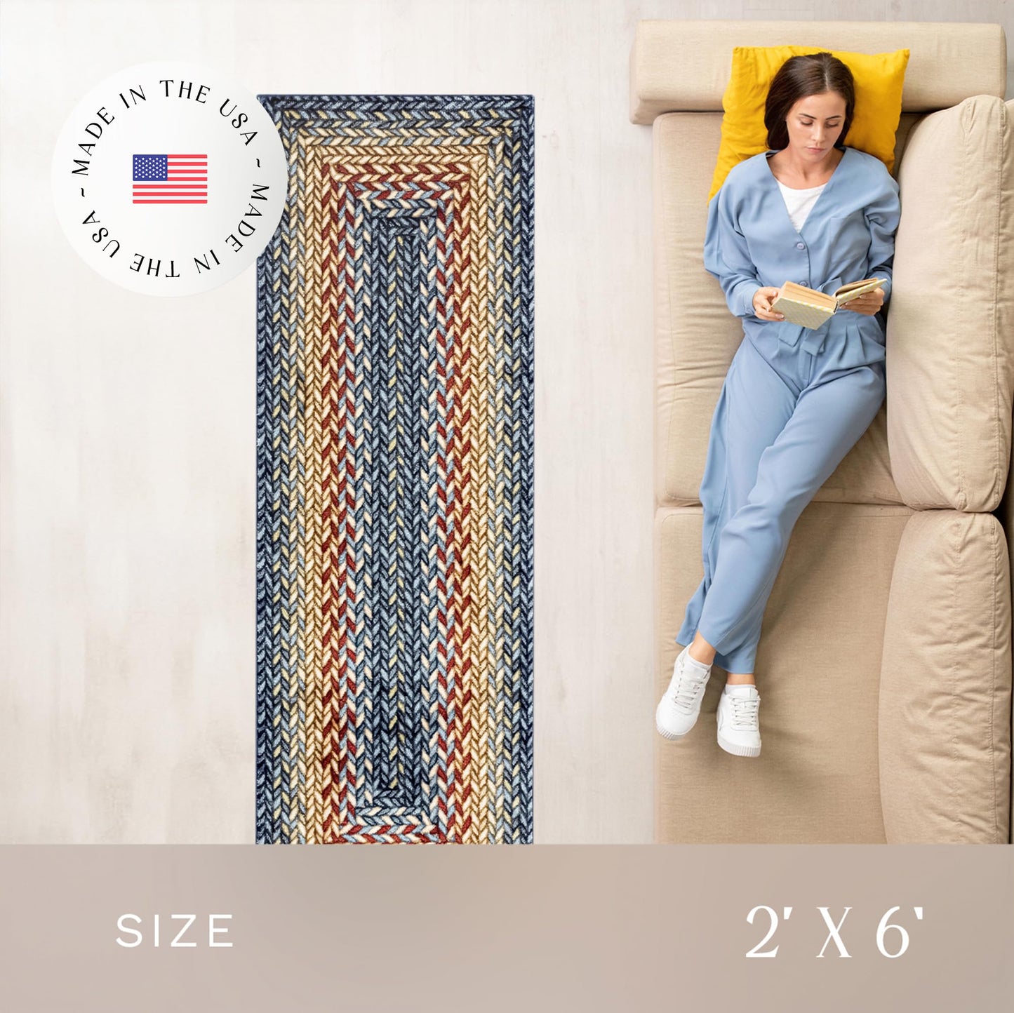 Maples Rugs Marion Bohemian Braid Design Print Runner Rug – Made in USA – Washable,Non Slip Indoor Carpet for Hallway,Kitchen, and Laundry Room, 2' x 6',Multi-Color