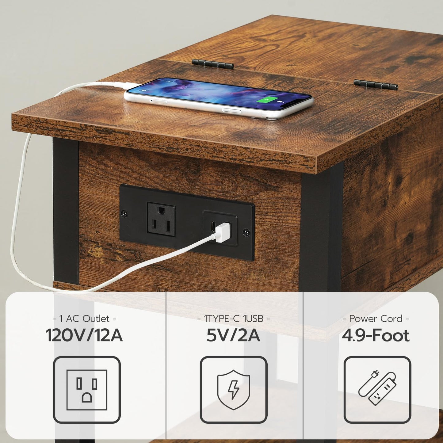 HOOBRO End Table with Charging Station, Flip Top Side Table with USB Ports, Narrow Nightstand Bedside Tables with Storage Shelves, for Small Space, Living Room, Rustic Brown and Black BF141UBZ01