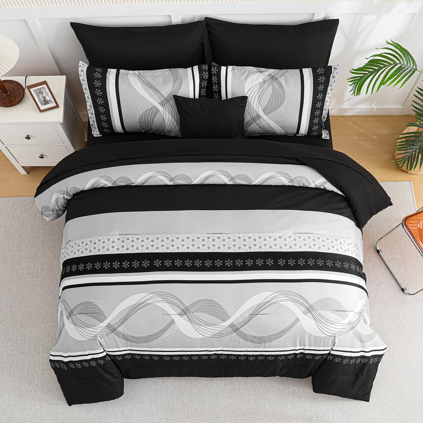 Anibedding Black Comforter Set King Size,8 Pieces Boho Bed in a Bag Patchwork Striped Comforter Set, Soft Microfiber Bedding Set for All Season(104"×90")