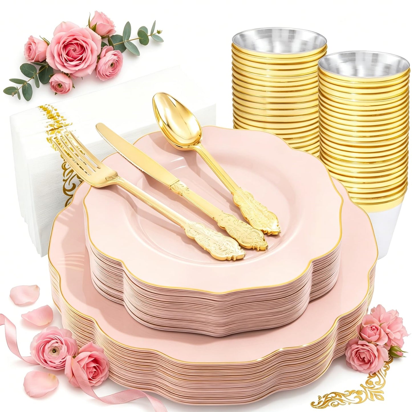 NOCCUR 175PCS Pink Plates with Gold Disposable Silverware - Include 50 Pink Plastic Plates,25 Knives,25 Forks,25 Spoons,25 Cups and 25 Napkins - Ideal for Party/Wedding/Banquet/Baby Shower