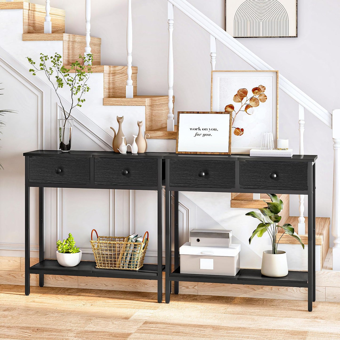 HOOBRO 29.5" Narrow Console Table with 2 Fabric Drawers, Small Entryway Table with 2-Tier Storage Shelves, Sofa Table, Behind Couch Table, for Living Room, Hallway, Black BB71XG01