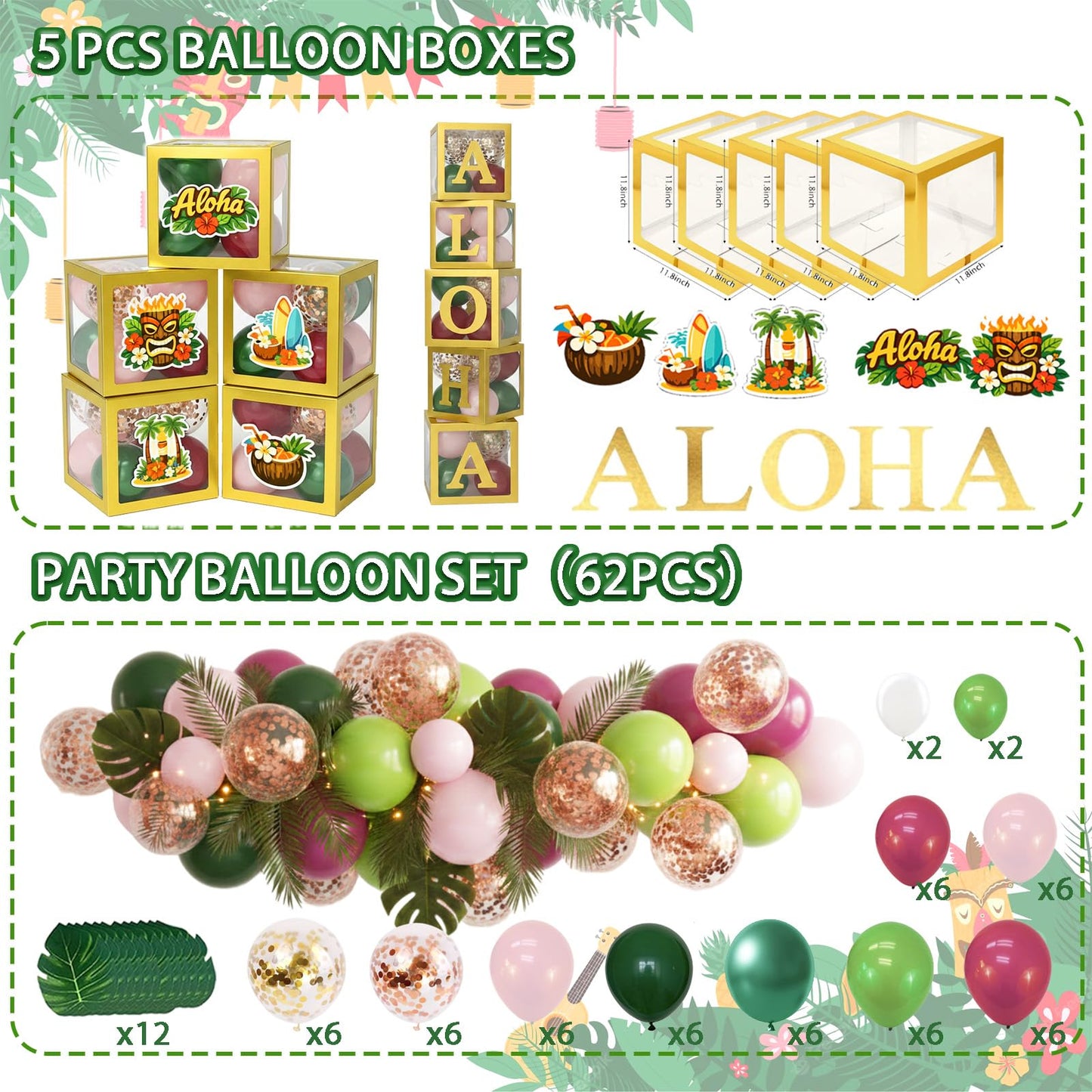 169 PCS Luau Party Decorations, Hawaiian Party Supplies - "ALOHA" Balloons, Hawaiian Boxes, Balloon Arch Garland Kit, Fringe Curtains, Palm Leaf, Table Cloth and Skirt