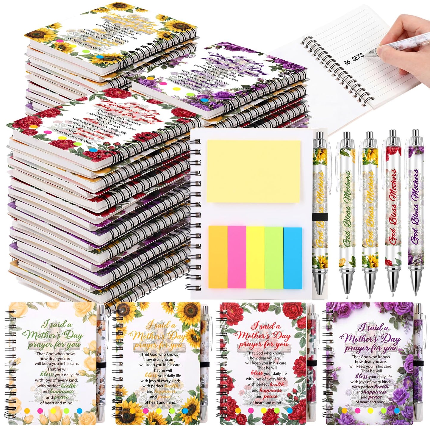 36 Set Mother's Day Christian Gifts Bulk Mother's Day Prayer Spiral Notebooks Floral Bible Verse Ballpoint Pens with Scripture Words Religious Faith Church Gifts for Mom Women Blank Books