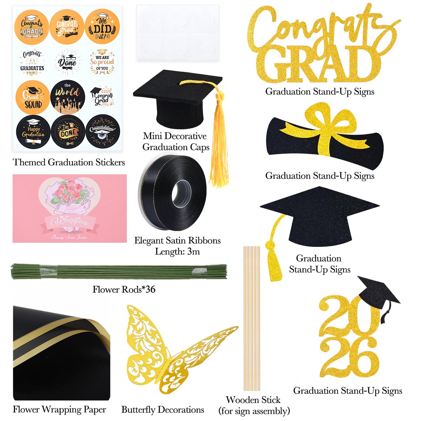 Waipfaru 2026 Graduation Gifts, Glitter Roses Bouquet, Graduation Gift for Her, DIY Fake Flowers Bouquet with Graduation Stand-Up Signs, 36 Pink Roses, for High School/College/Middle School Grads