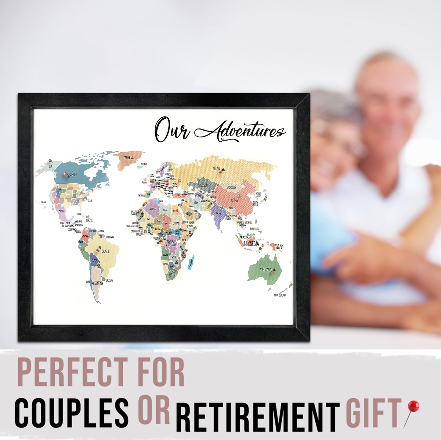 flinelife World Map Pin Board,12X10, World Travel Map With Pins, Perfect For Couples or Retirement Gift