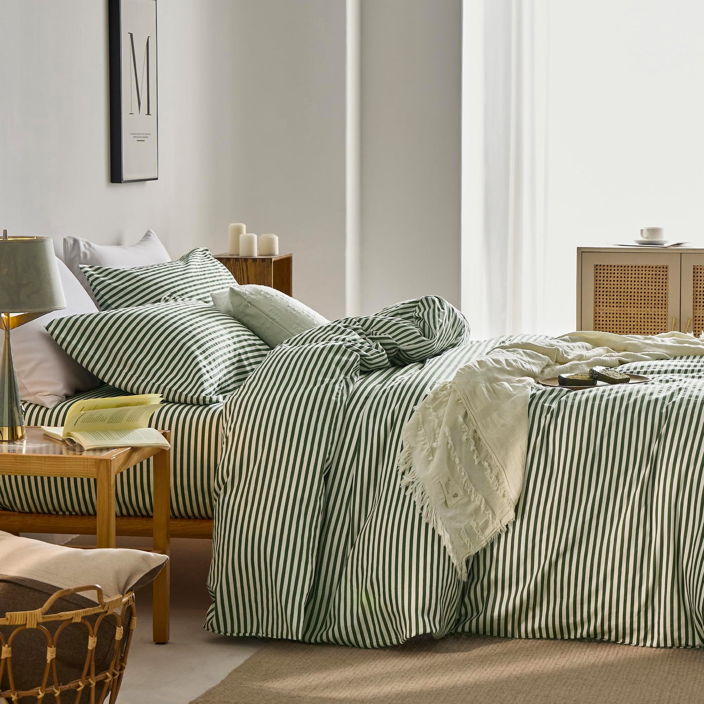 JELLYMONI 100% Natural Cotton 3pcs Striped Duvet Cover Sets,White with Green Stripes Pattern Printed Comforter Cover,with Zipper Closure & Corner Ties(Queen Size)