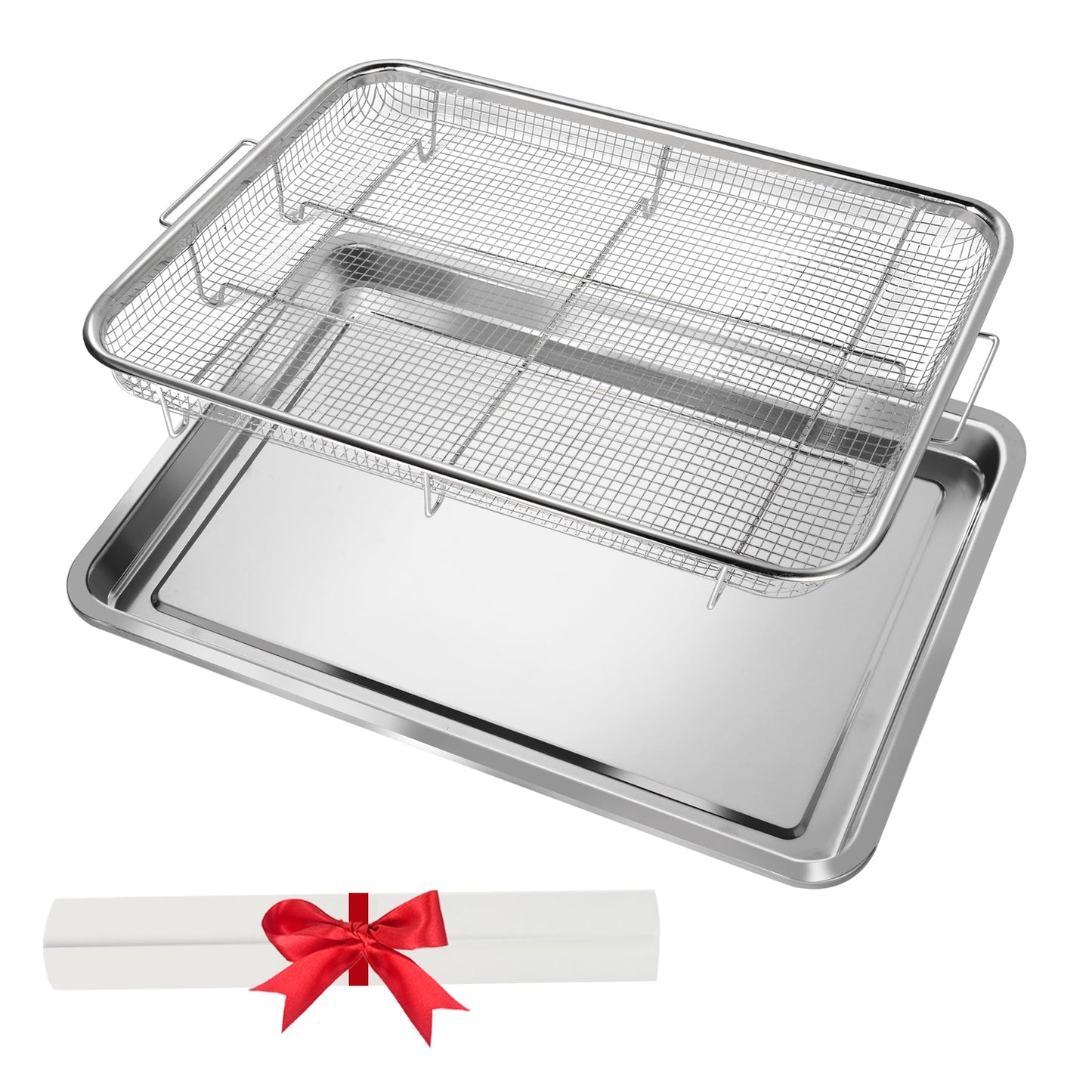 Extra Large Air Fryer Basket for Oven 18 x 12 Inch Stainless Steel, Oven Air Fryer Basket and Tray Set with 30 PCS Parchment Papers, Bacon Cooker Broiler Pan for Oven, Bakeware Sets Oven Rack-2 Piece