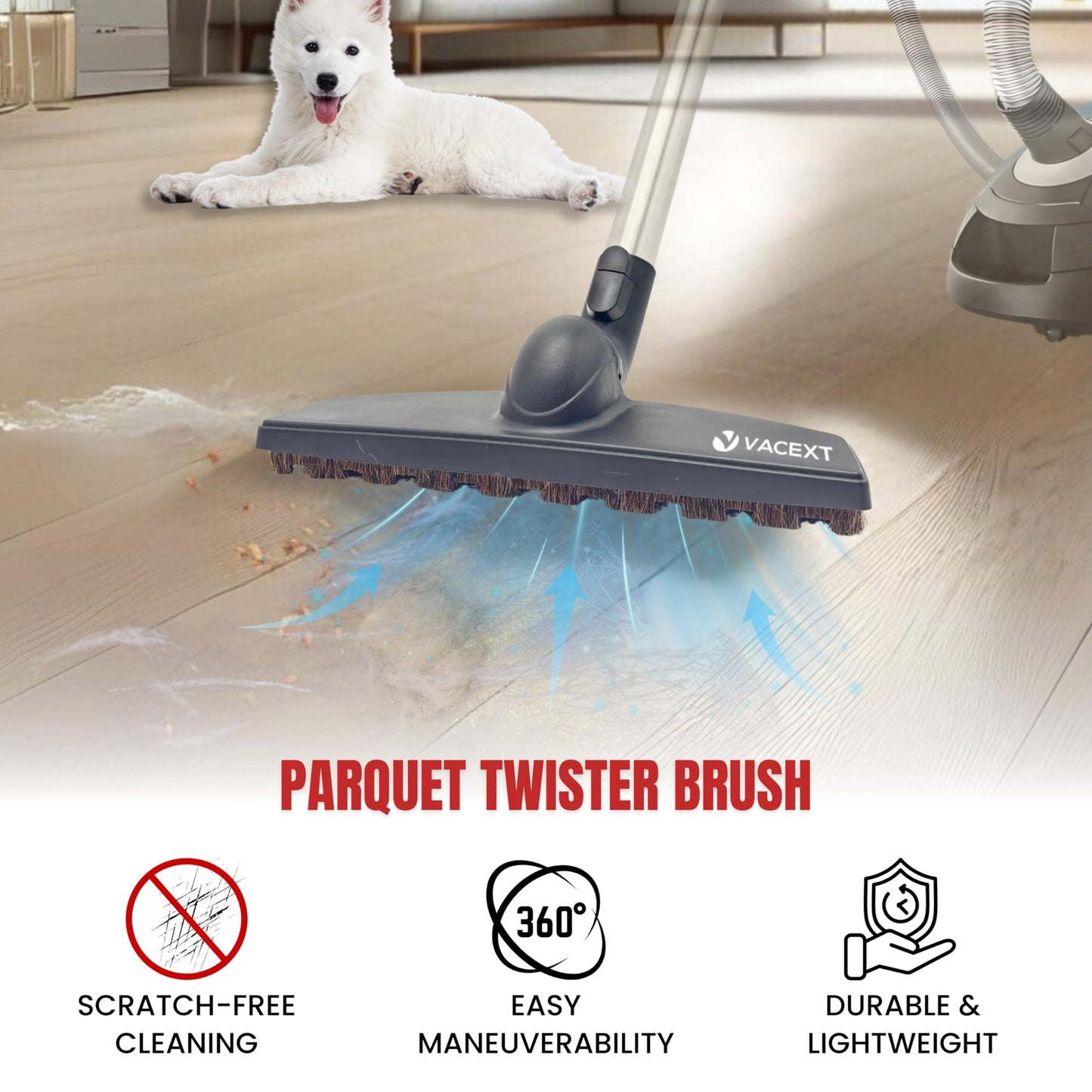 for Miele Hardwood Floor Brush Head – 12” Parquet Twister with Soft Horsehair Bristles, 360° Swivel Vacuum Attachment for Hard Floors – Compatible with Miele C1, C2, C3 Canister Vacuums